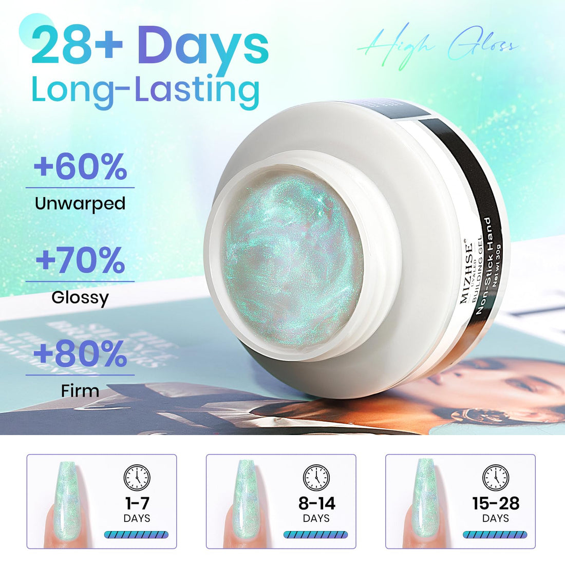 MIZHSE Mermaid Aurora Solid Builder Gel, 1oz Hard Gel for Nails 3D Non-sticky Builder Gels Polish Soak Off for Nails Salon Home DIY Manicure