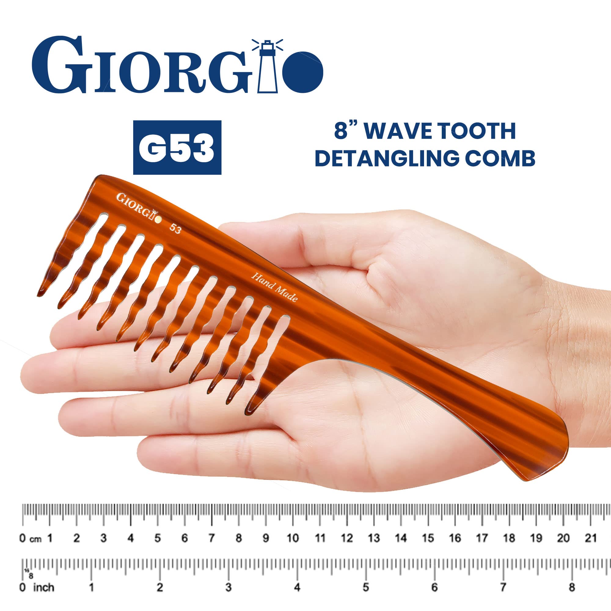 GIORGIO G53 8 Hand Made Tortoise Detangle Comb Wide Teeth. HandMade of Durable Cellulose Acetate Sawcut and Polished.