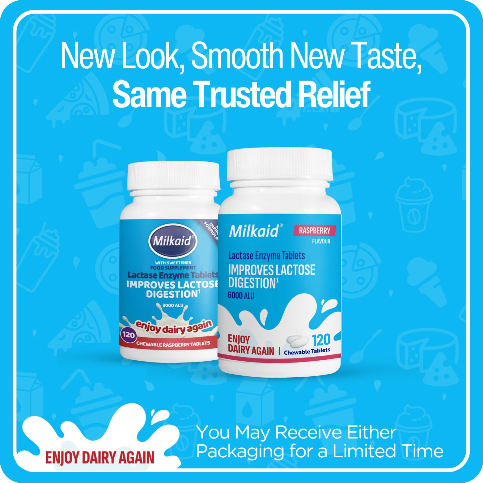 Milkaid Lactase Enzyme Chewable Tablets for Lactose Intolerance Relief | Prevents Gas, Bloating & Diarrhea | Fast Acting Dairy Digestive Supplement (120 Tablets, Raspberry)