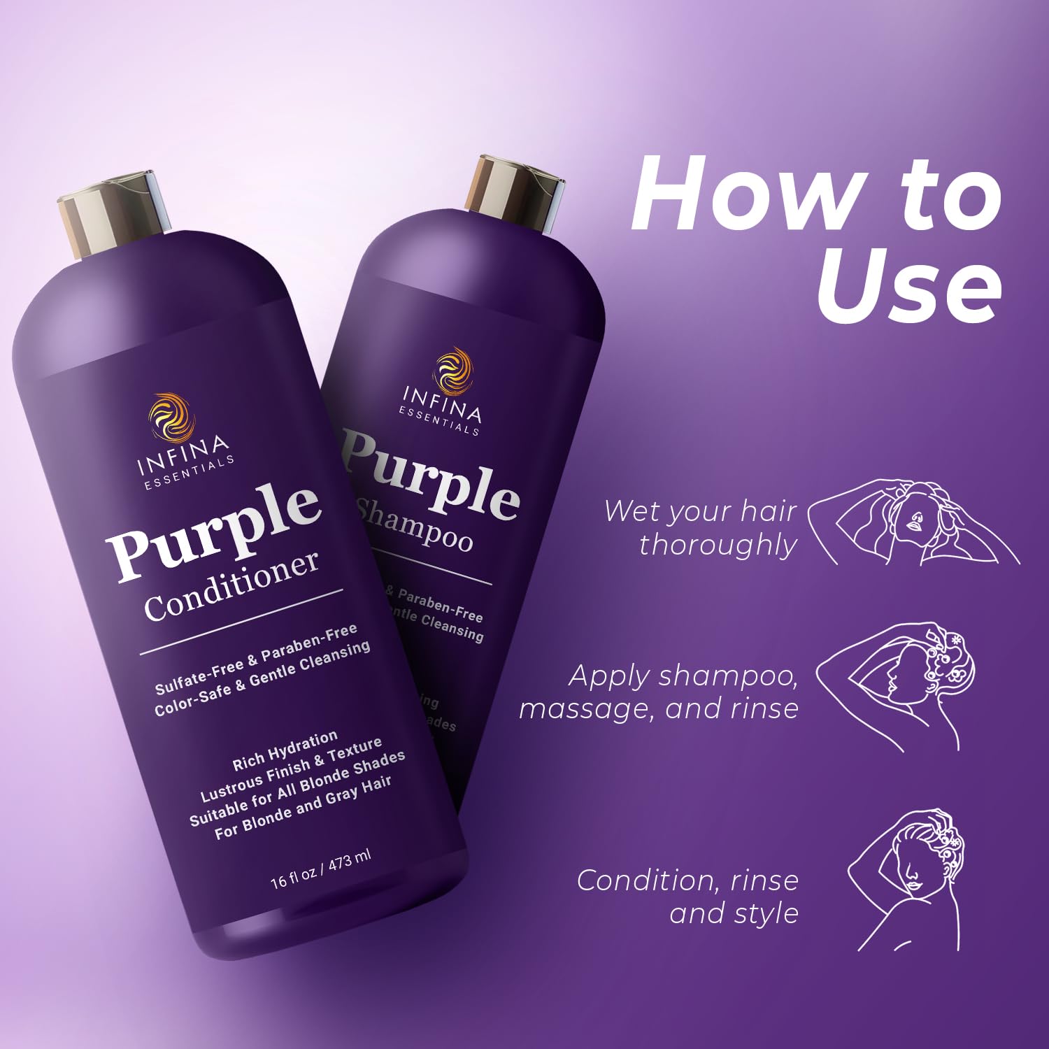 INFINA ESSENTIALS Purple Shampoo and Conditioner Set - Sulfate Free, Enriched with Coconut Oil & Aloe Vera, Ideal for Blonde, Gray, Brassy & Color Treated Hair, Nourishes & Hydrates - 16 fl oz each