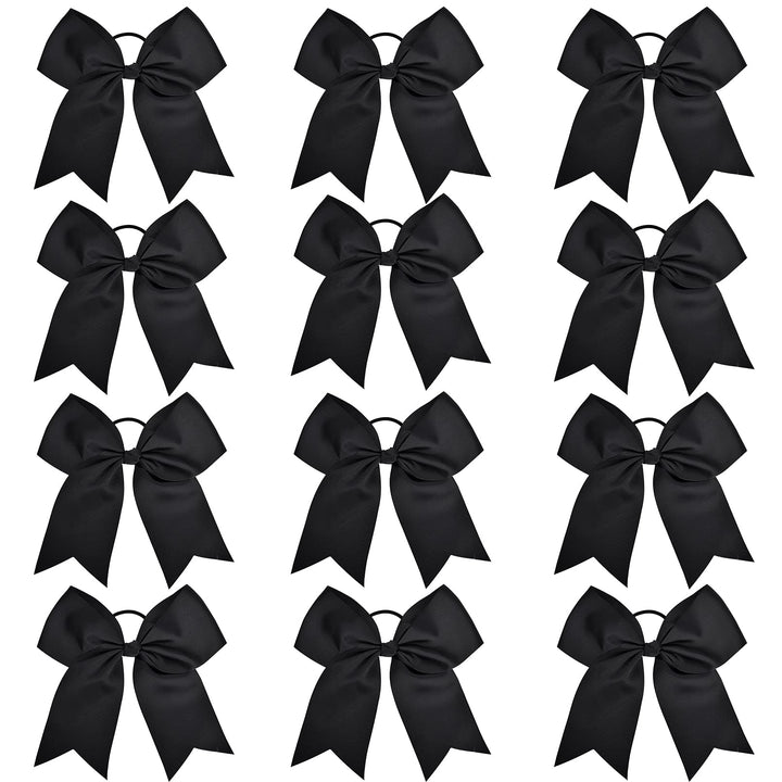 Aileam 12-Black: 12 Pcs Large Cheer Bows 8 Bulk Hair Bow Accessories With Ponytail Holder For Girls High School College Cheerleading