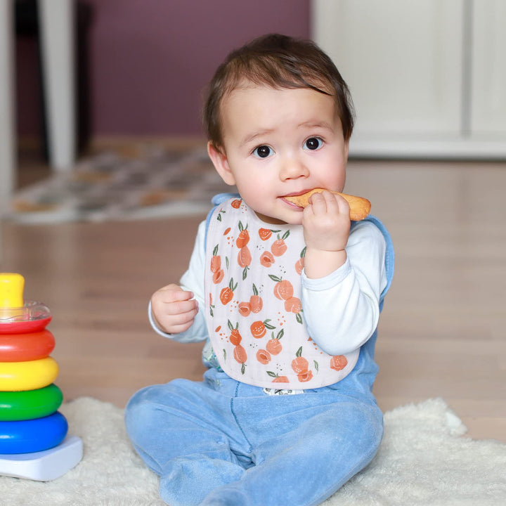 Snap Muslin Bibs for Girls, 3-Pack Baby Bibs for Infants, Newborns and Toddlers, 100% Cotton Muslin Absorbent & Soft Layers, Adjustable Snaps,Lemon,Peach,Pomegranate