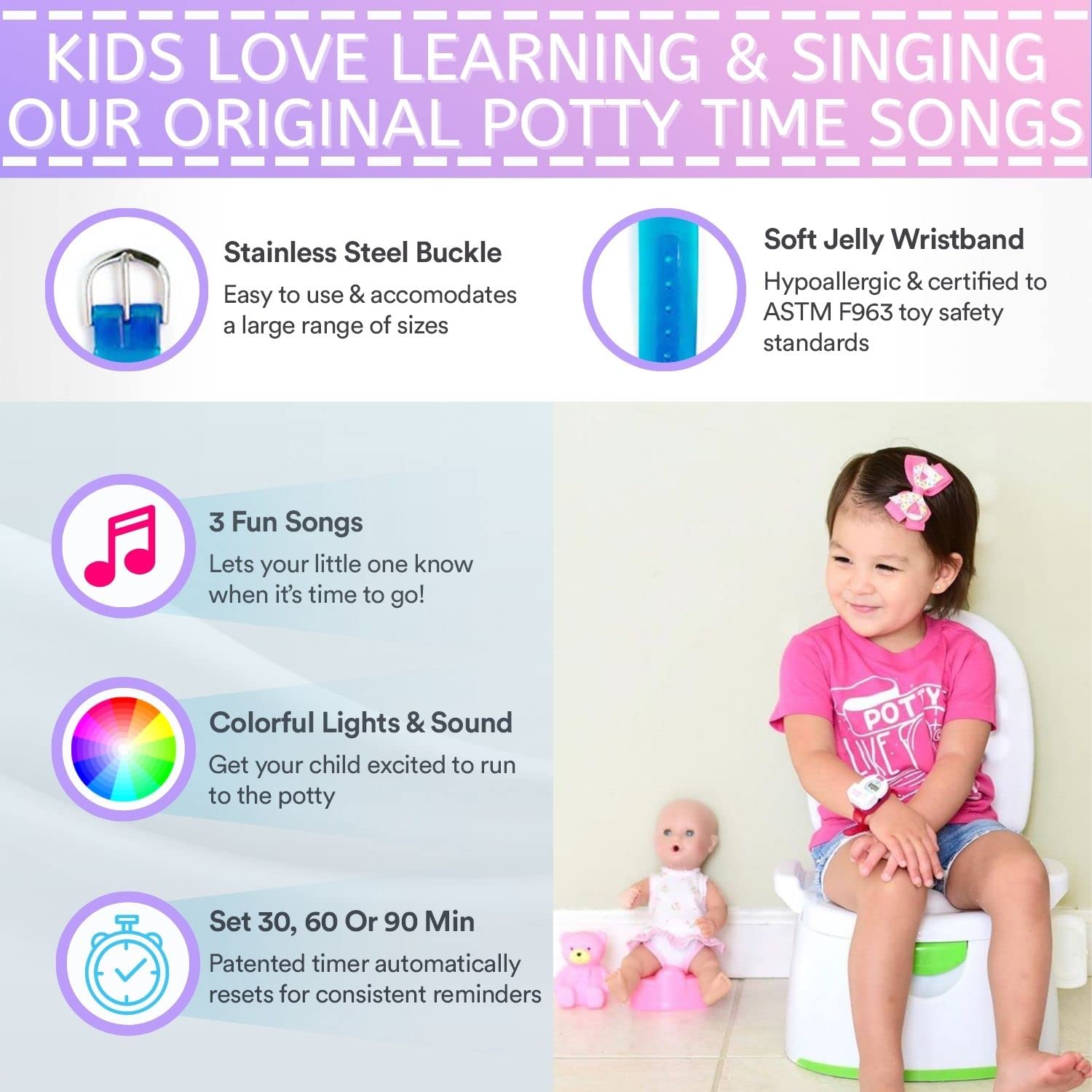 Potty Watch for Kids Potty Training - Potty Training Watch with 3 Fun Flashing Lights and Music - Water-Resistant Watch - Potty Watch Remind Kids Every 30, 60 or 90 Minutes - Pink
