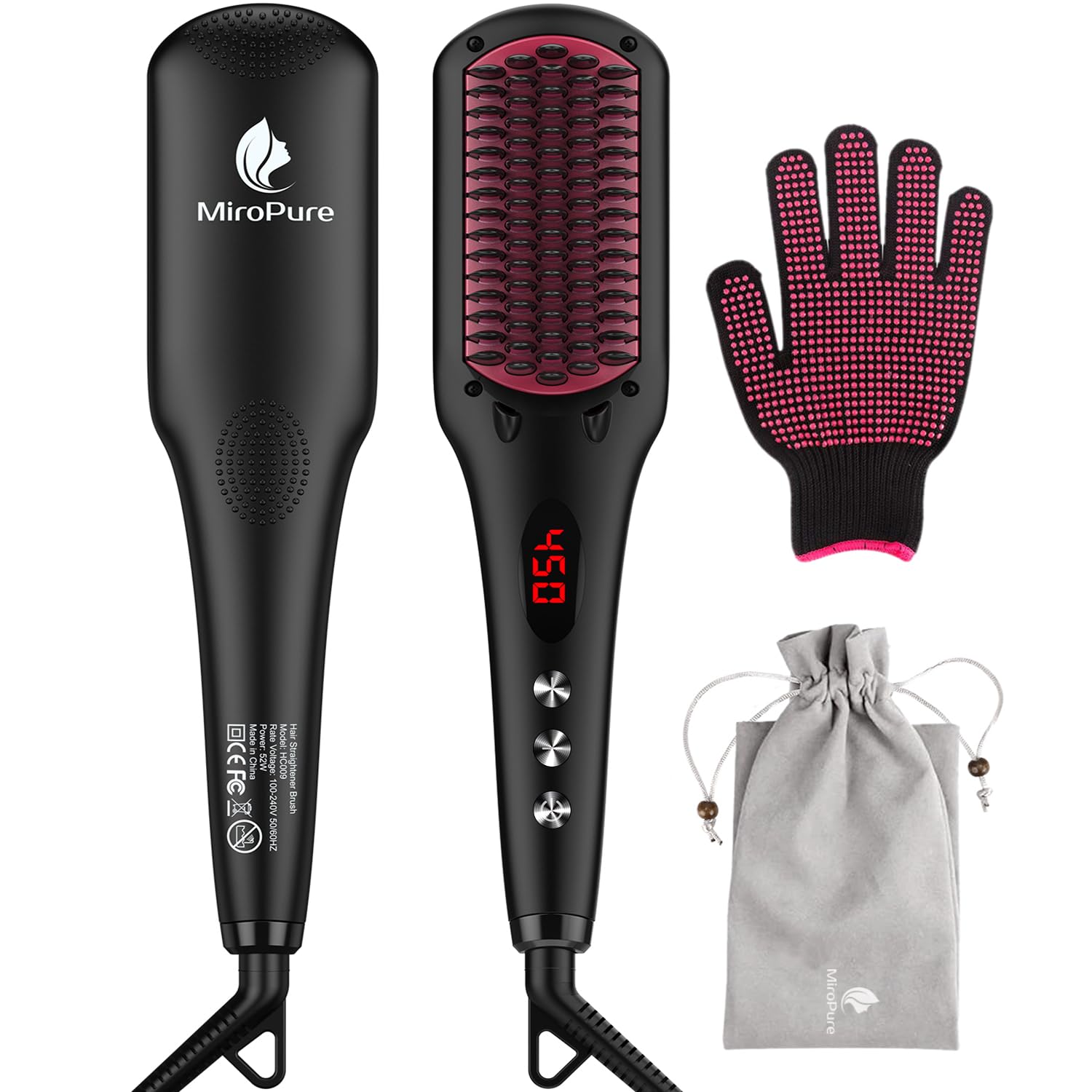 MiroPure 2 in 1 Ionic Hair Straightener Brush with Heat Resistant Glove and Temperature Lock Function