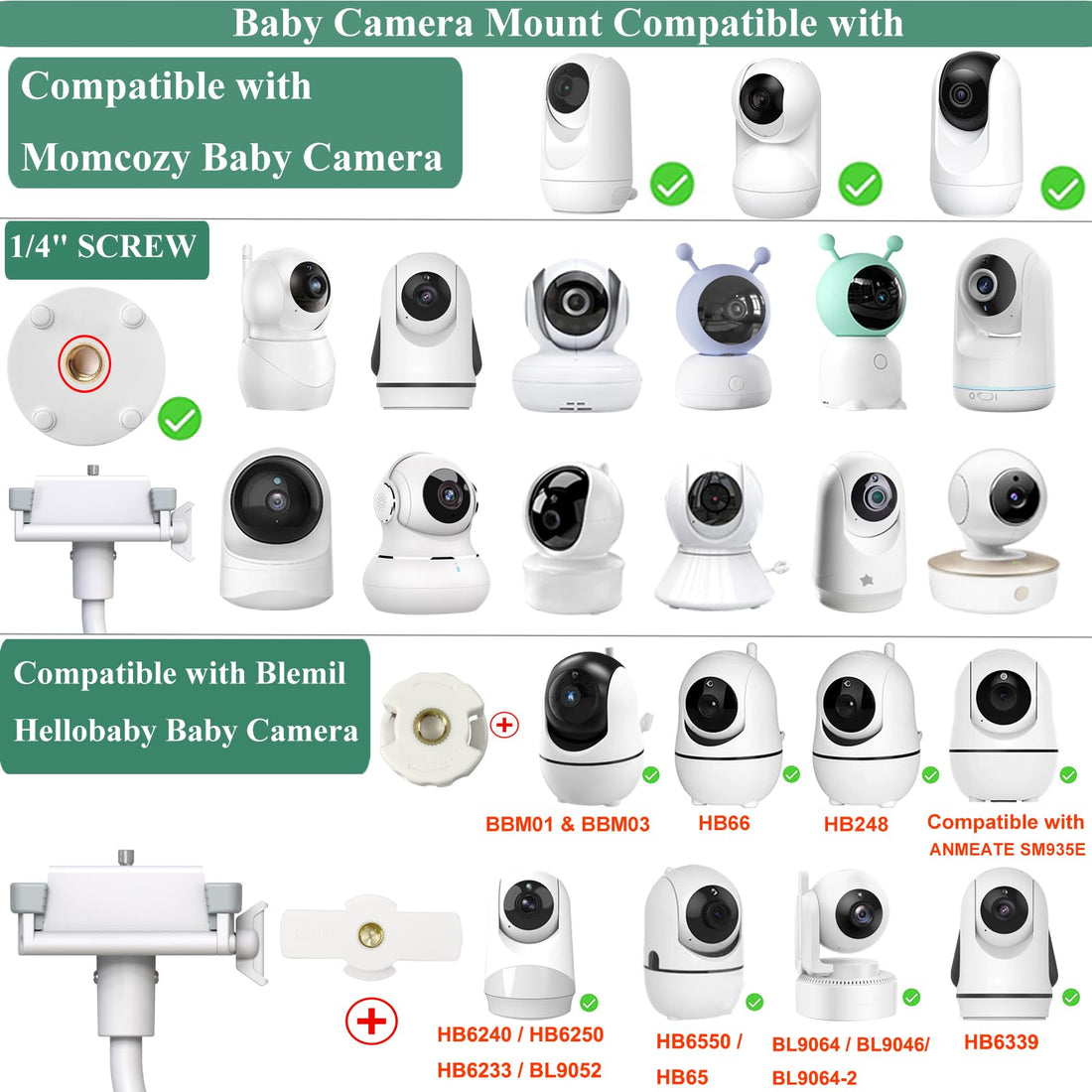 Baby Camera Monitor Mount Flexible Holder Stand Compatible with Momcozy,HelloBaby HB6550/HB65/HB66/HB6560/iFamily,Blemil,GoodBaby,OKAIDI,ANMEATE, Infant Optics Cameras and with 1/4 Baby Cameras Stand