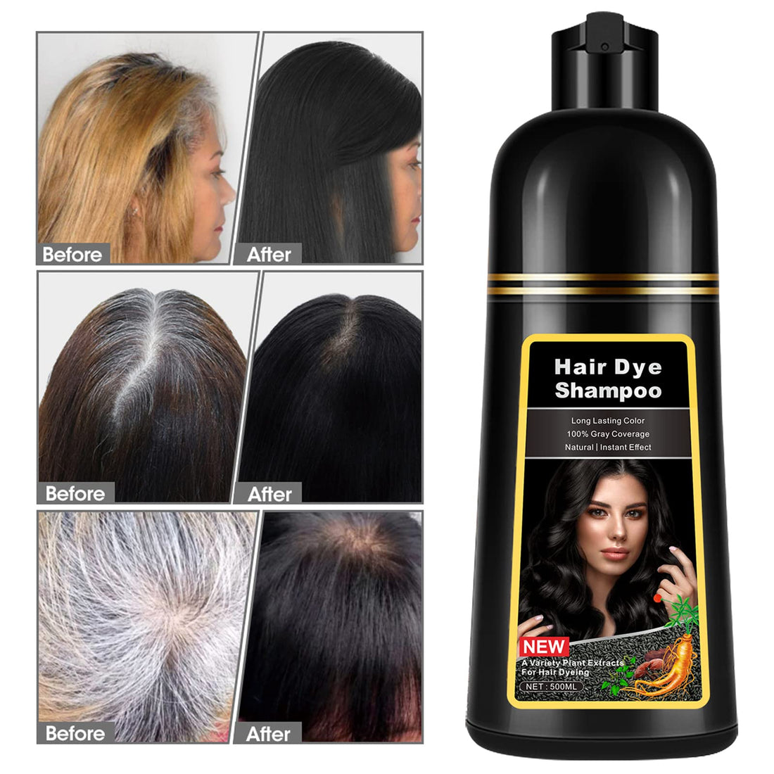 Instant Black Hair Dye Shampoo 3 in 1 for Men Women, Herbal Black Hair Shampoo Hair Color Shampoo for Gray Hair Coverage, Natural Black Hair Dye Black Shampoo Easy to Use 17.6 FL OZ (Black)