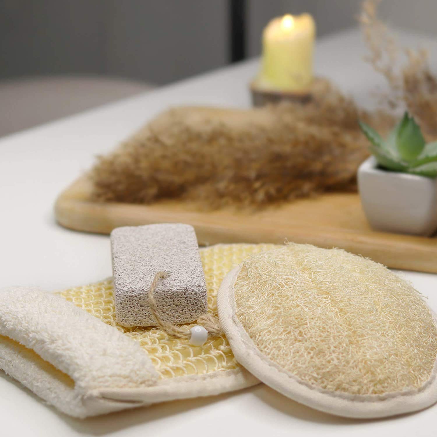 Coimoon Set (Made in Europe)- Exfoliating Organic Loofah Face Pads And Shower Sponge with Natural Pumice Stone, Loofa, Puff Sponge Scrubber Body For Men and Women (3 Piece Set, Natural)