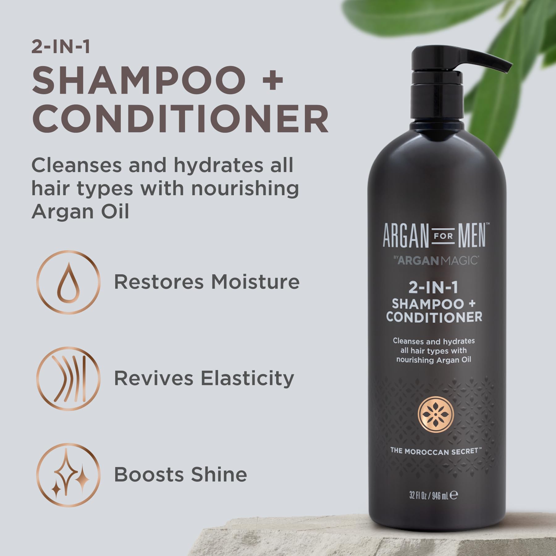 Argan Magic 2-in-1 Men's Shampoo + Conditioner with Argan Oil & Bergamot Scent - Cleanses and Hydrates All Hair Types, Restore Moisture, Boost Shine | Made in USA, Paraben Free, Cruelty Free (32 oz)
