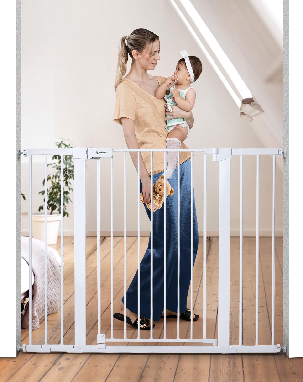 COMOMY 36 Extra Tall Baby Gate for Stairs Doorways, Fits Openings 29.5 to 48.8 Wide, Auto Close Extra Wide Dog Gate for House, Pressure Mounted Easy Walk Through Pet Gate with Door, White