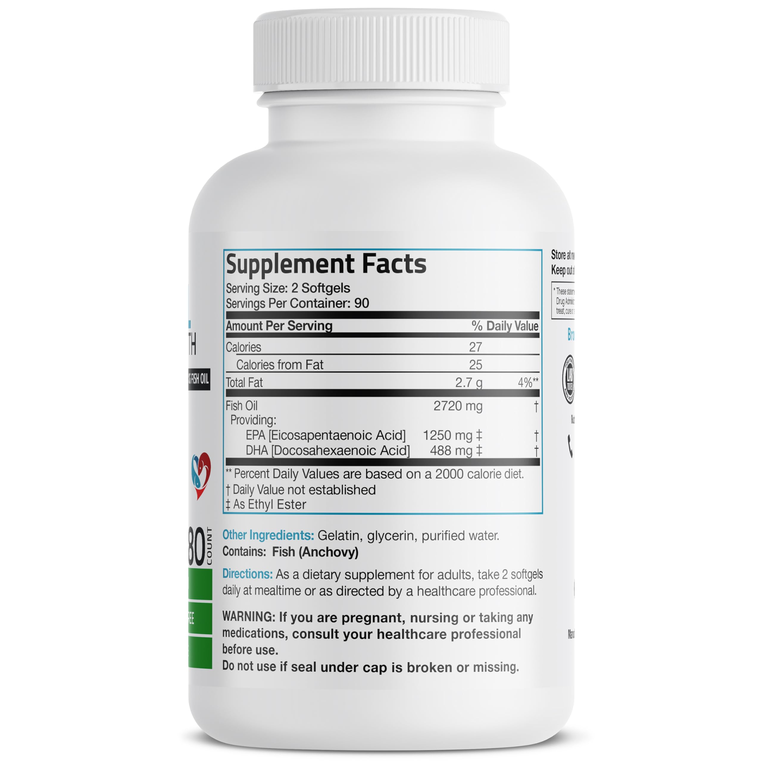 Bronson Omega 3 Fish Oil Triple Strength 2720 mg, High EPA 1250 mg DHA 488 mg, Non-GMO Heavy Metal Tested, 180 Softgels