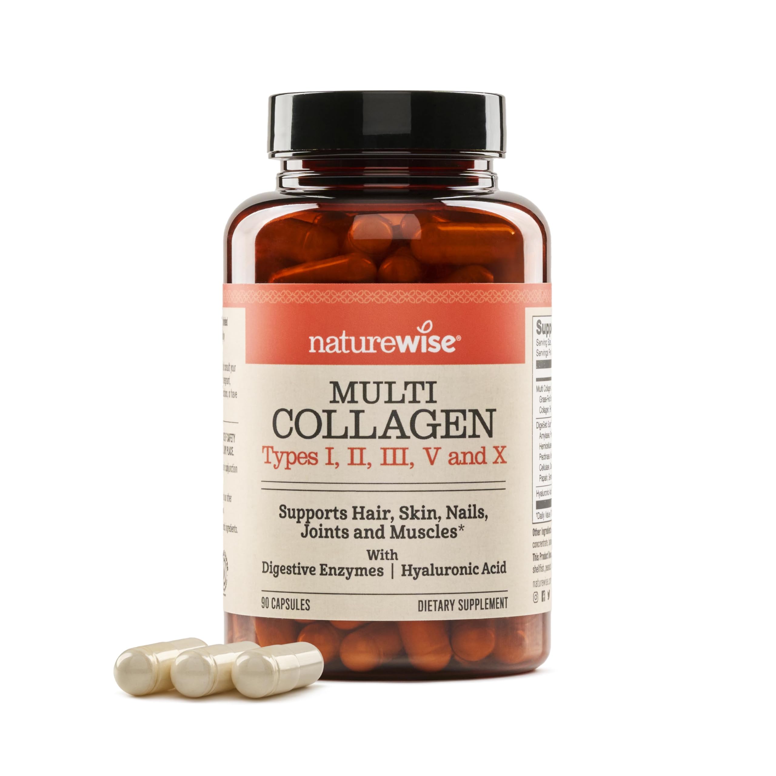 NatureWise Multi Collagen Peptides Pills for Women & Men - Type I, II, III, V, X w/Hyaluronic Acid - Supports Skin, Hair, Joint Health* - Grass Fed, Gluten Free, Non-GMO - 90 Capsules[30 Day Supply]