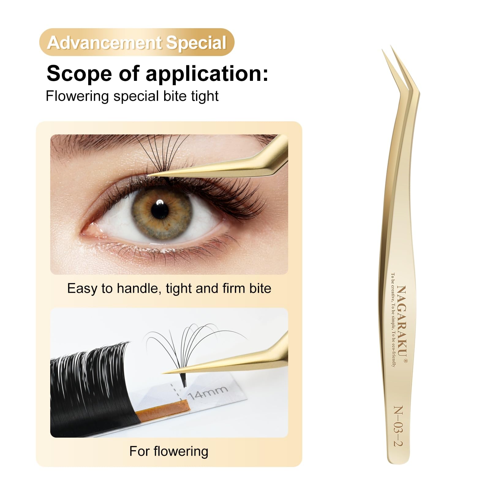 NAGARAKU Tweezers for Eyelash Extensions Gold Curved Angled Long tip Volume Cluster Super Light Weight Easy Fanning Tweezers Stainless Steel Precision (N-03-2)