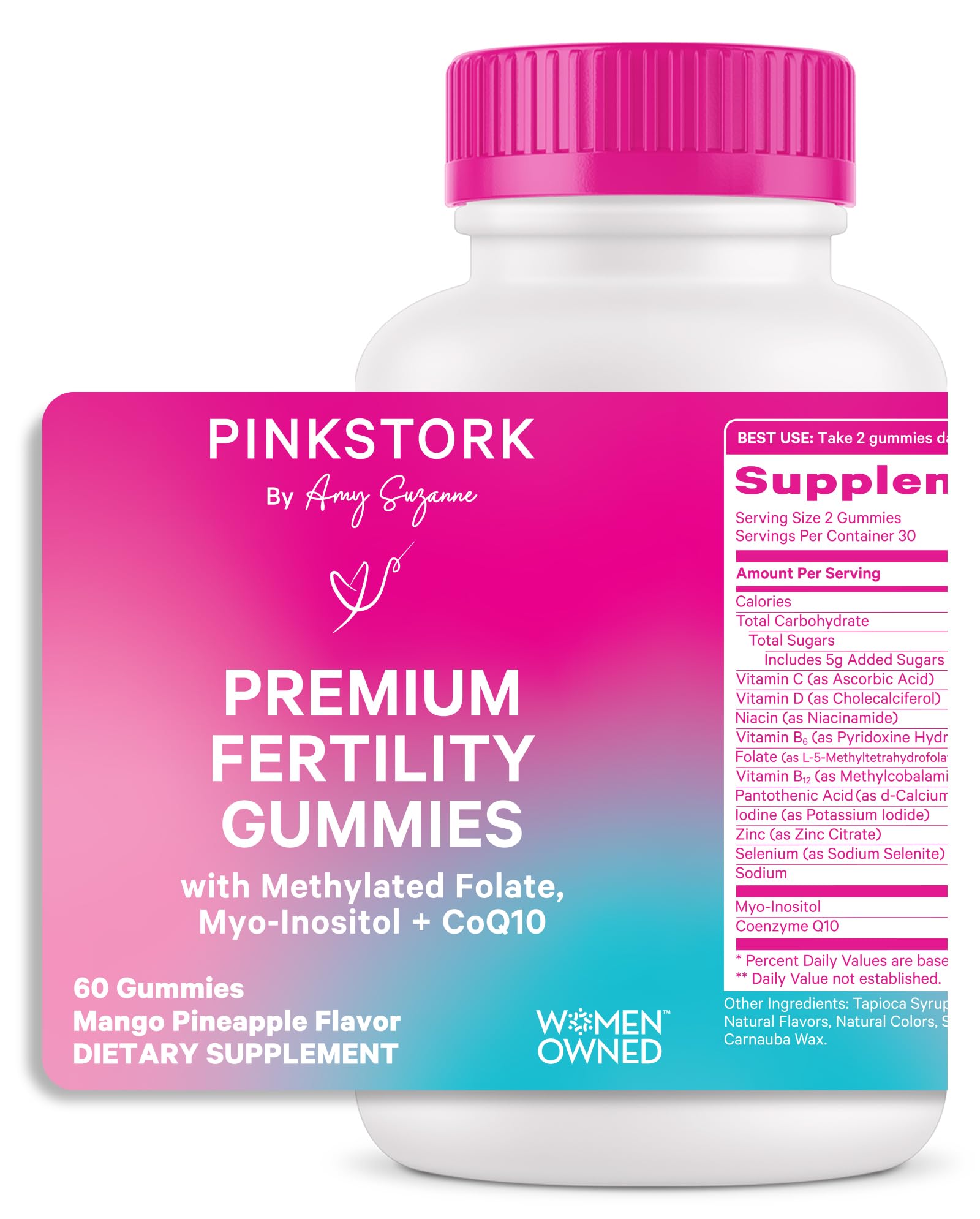 Pink Stork Premium Fertility Gummies for Women - Prenatal Conception Supplements for Her with Inositol, CoQ10, Folate and Vitamins to Support Hormone Balance, Ovulation + Menstrual Cycle, 60 Gummies