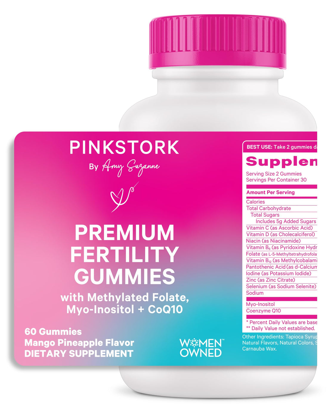 Pink Stork Premium Fertility Gummies for Women - Prenatal Conception Supplements for Her with Inositol, CoQ10, Folate and Vitamins to Support Hormone Balance, Ovulation + Menstrual Cycle, 60 Gummies
