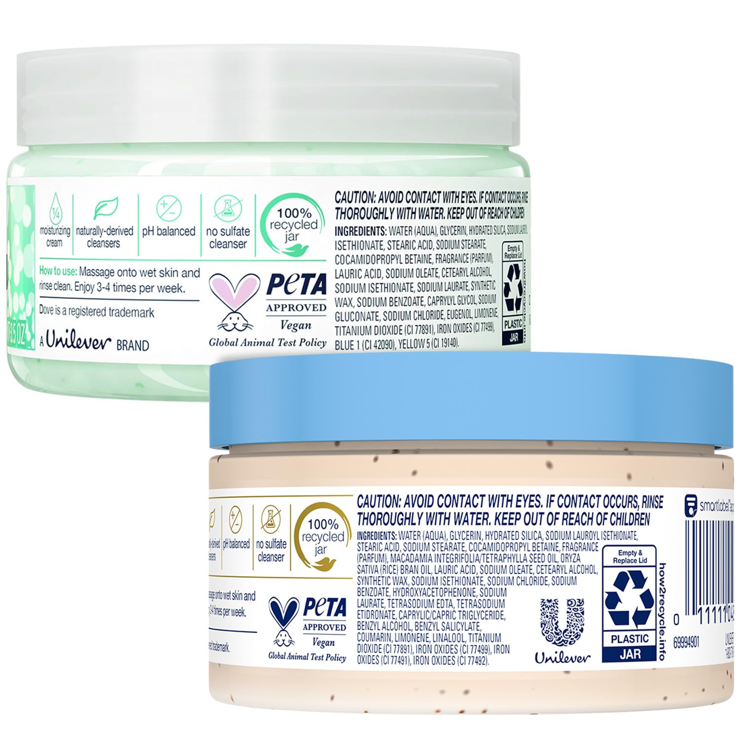 Dove Body Scrub Gift Set Variety 2-Pack – Exfoliating Winter Mint and Crushed Macadamia in Mini Jars, Gifts for Women, 3.5 Oz Ea