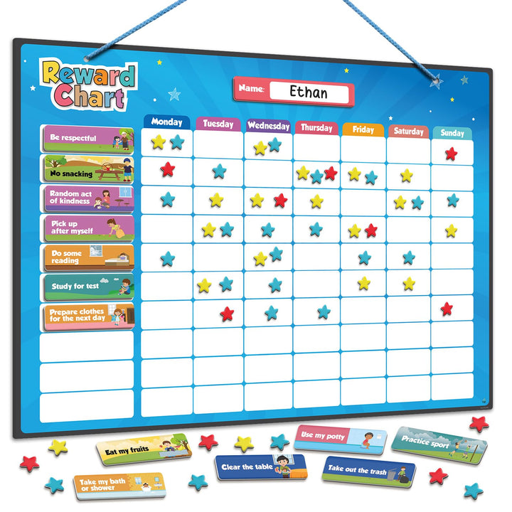 inamio Magnetic Kids Responsibility Reward Chart - Engaging 3D Stars & Chore Tasks - Behavior Chart for Home & School - Ideal for Ages 3-9, Multiple Kids
