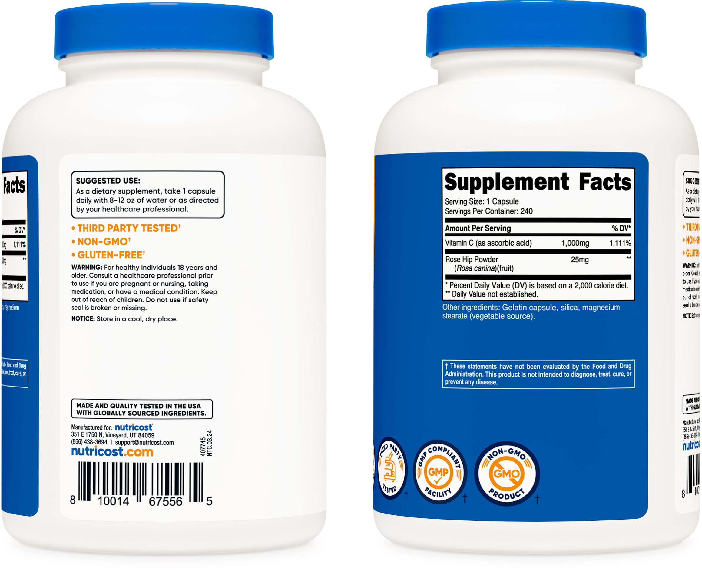 Nutricost Vitamin C with Rose HIPS 1025mg, 240 Capsules - Vitamin C 1,000mg, Rose HIPS 25mg, Premium, Non-GMO, Gluten Free Supplement