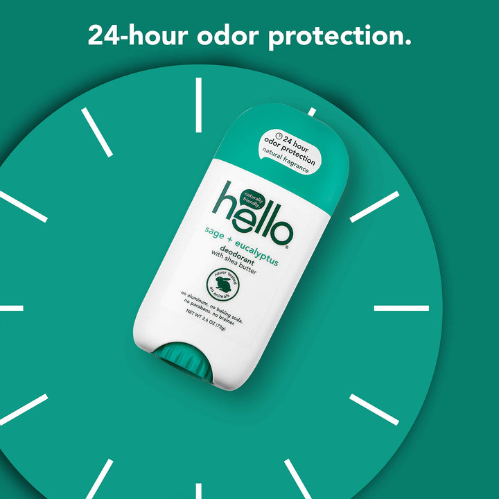 hello White Sage + Eucalyptus Deodorant With Shea Butter for Women + Men, 24 Hour Odor Protection, No Aluminum + No Baking Soda, Vegan & Parabens Free, 2.6oz, 3 count