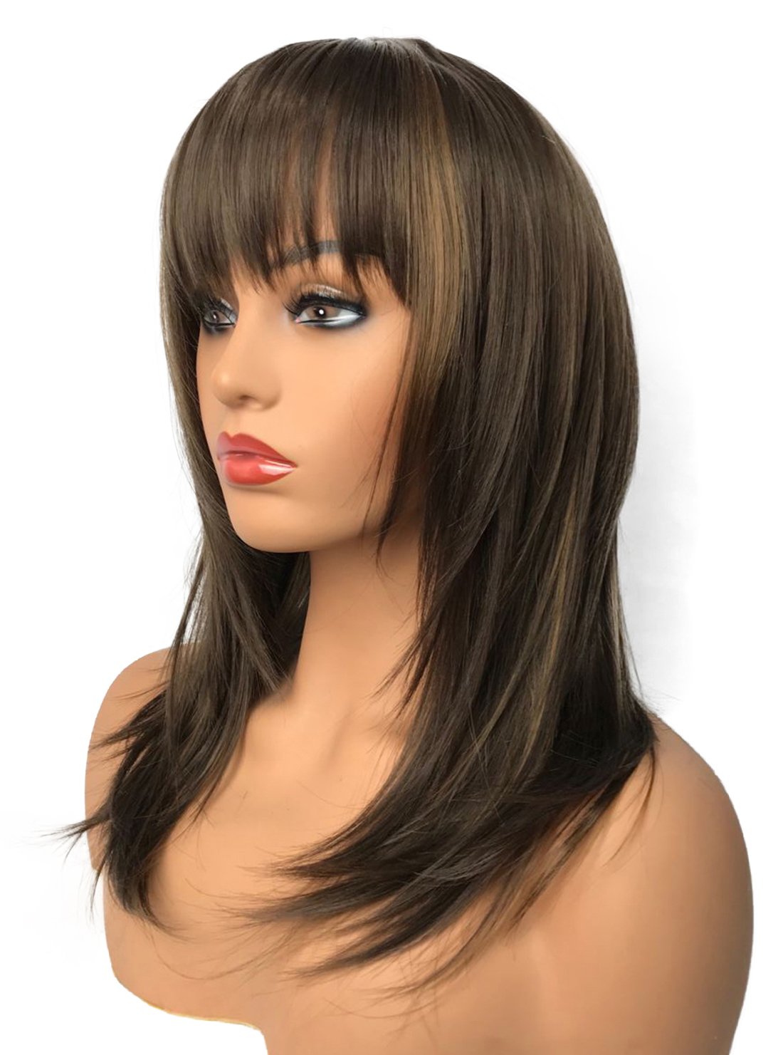 Wiginway Women Medium Straight Brown Wigs With Bangs Remy Hair Replacement Hairpieces Fashion Natural Looking 14 Inch