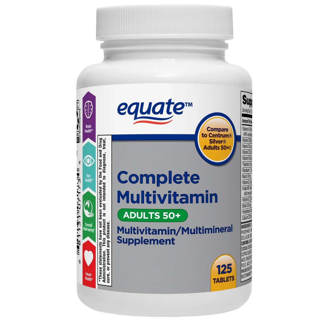 Equate Adult 50+ One Daily Complete Multivitamin/Multimineral Supplement, 125 Tablets, Comprehensive Multivitamin for Adults Over 50 + Createandbundle Sticker