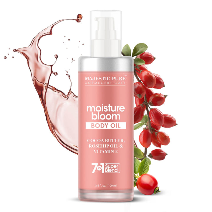 Majestic Pure Moisturizing Body Oil |100% Pure & Natural with Cocoa Butter, Rosehip, Vitamin E | After Shower Body Oils for Women and Men | Scented Radiant Skin Therapy Firming Massage Oil | 3.4 Fl Oz