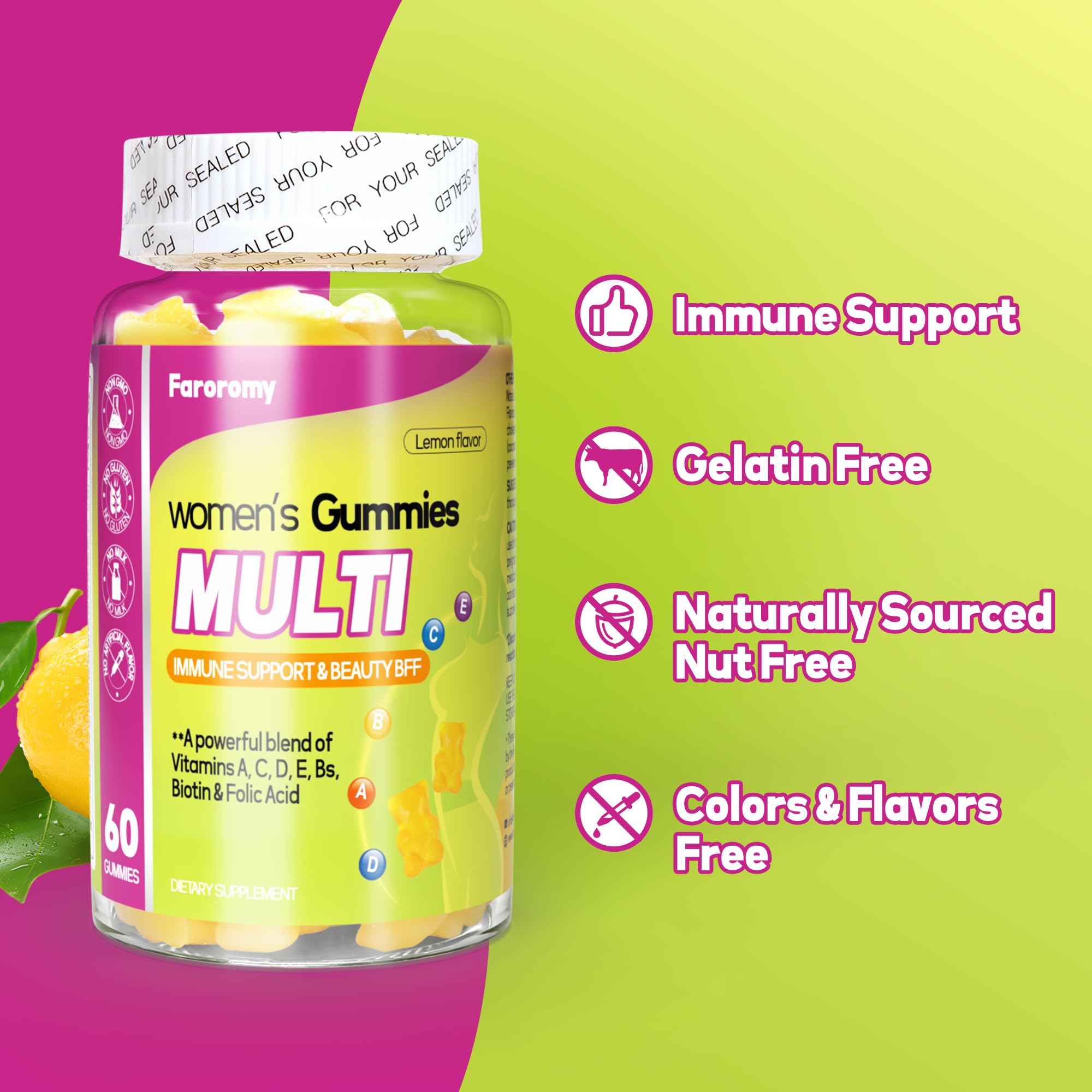 Faroromy Multivitamin for Women Gummies Lemon Flavored Vitamins Daily Multivitamin with Vitamins A, C, D, E, B6 and B12, 30 Day Supply, 60 Count