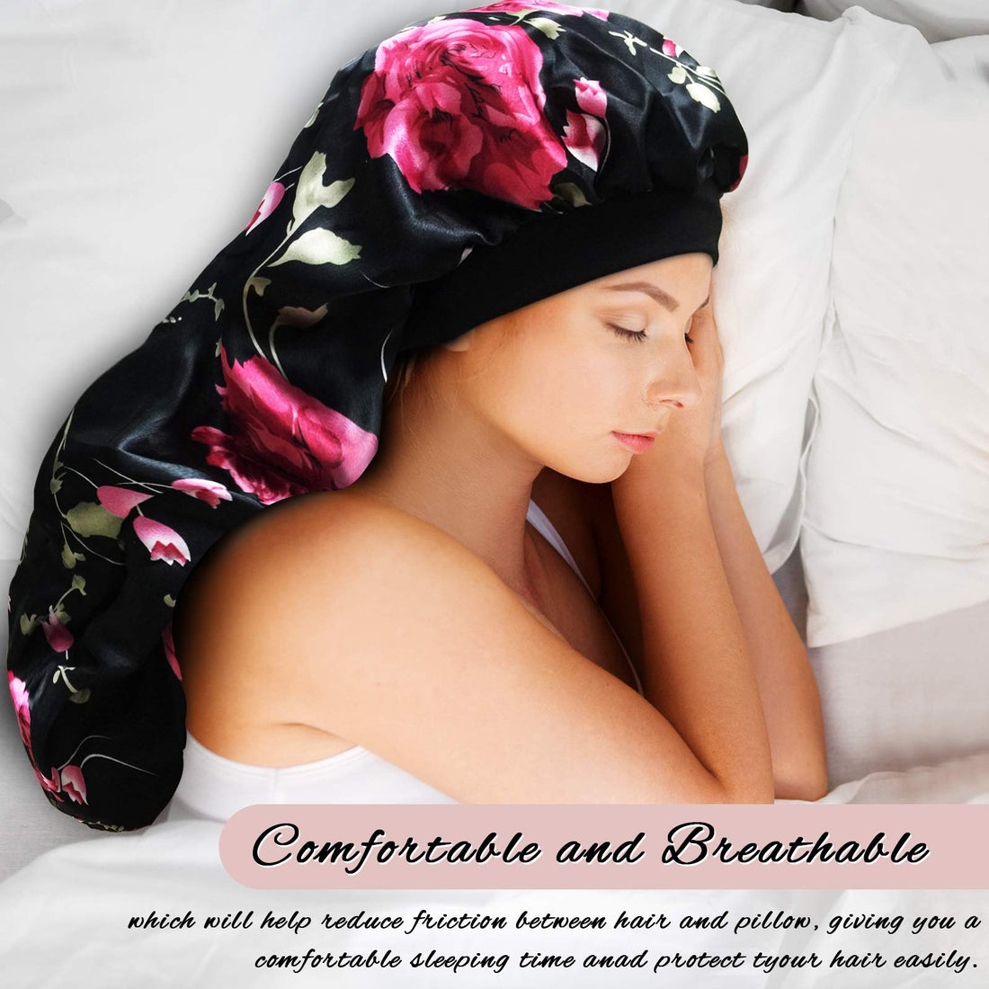 2Pcs Long Satin Bonnet Sleep Cap,Extra Large Braids Bonnets for Sleeping,Long Hair,Soft&Comfortable Elastic Band Bonnets for Women Night Sleep,Hair Bonnets for Women Satin (Black+Red Pattern)