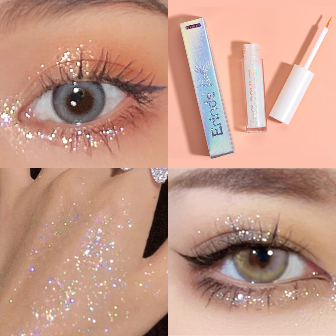 Erinde Liquid Glitter Eyeshadow Eyeliner, Korean Makeup Tear Drop, Shimmer Metallic, Lightweight Waterproof Long Wearing, Loose Glue for Crystals Eye Christmas Makeup, Colorful Sequins