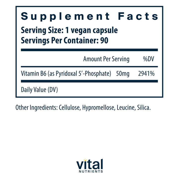 Vital Nutrients Pyridoxal-5 Phosphate | Activated Vitamin B6 | Methylated B6 for Metabolism, PMS, and Menstrual Support* | High-Potency P5P Supplement | Gluten, Dairy, Soy Free | 90 Capsules