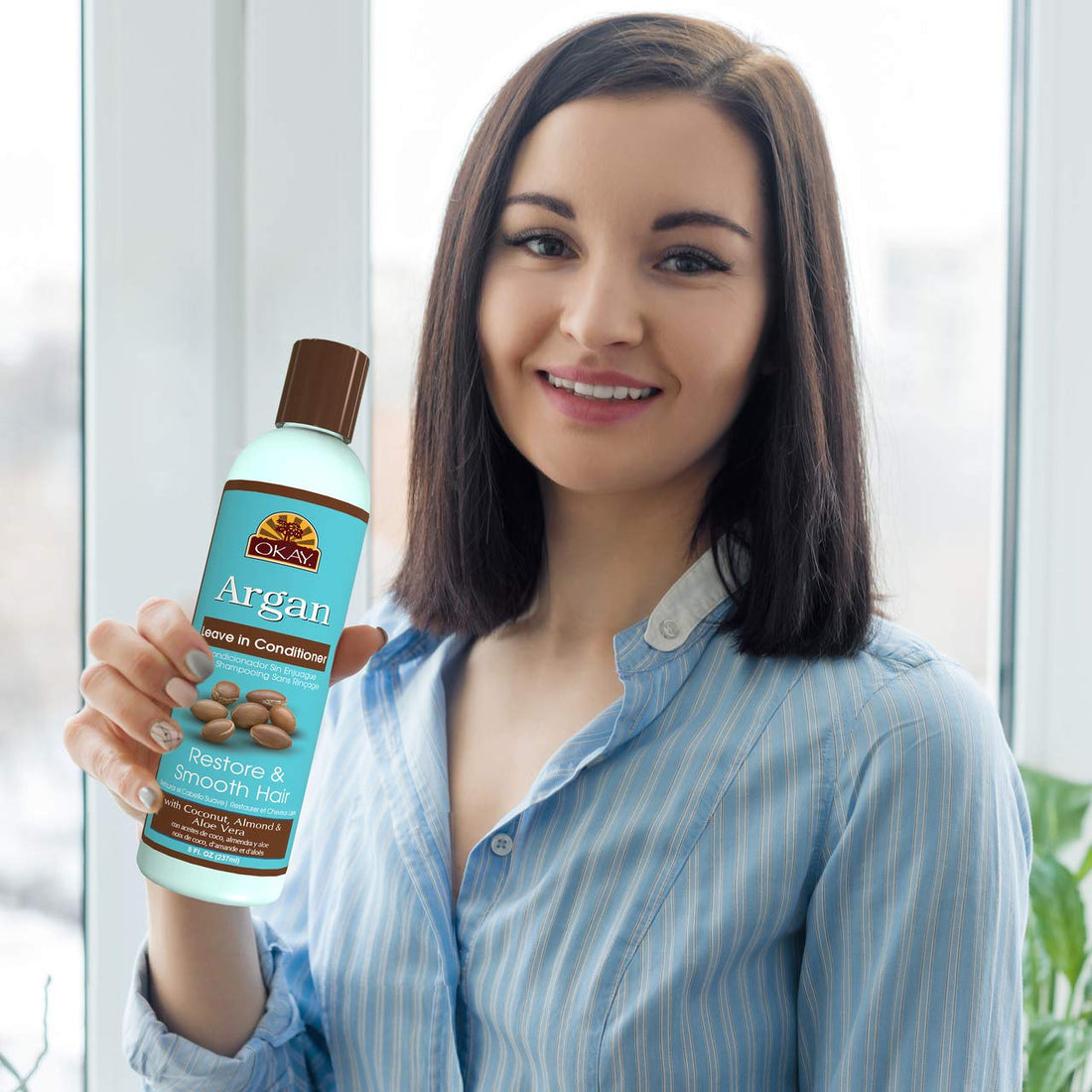 OKAY | Argan Leave In Conditioner | For All Hair Types & Textures | Restore, Hydrate & Smooth Hair | With Coconut, Almond, Aloe Vera | Free Of Parabens, Silicones, Sulfates | 8 Oz