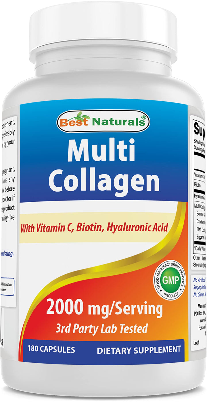 Best Naturals Multi Collagen Pills 2000mg for Women & Men - Hydrolyzed Collagen Peptides Capsules for Hair Skin and Nails with Types I II III V X, Biotin, Hyaluronic Acid & Vitamin C