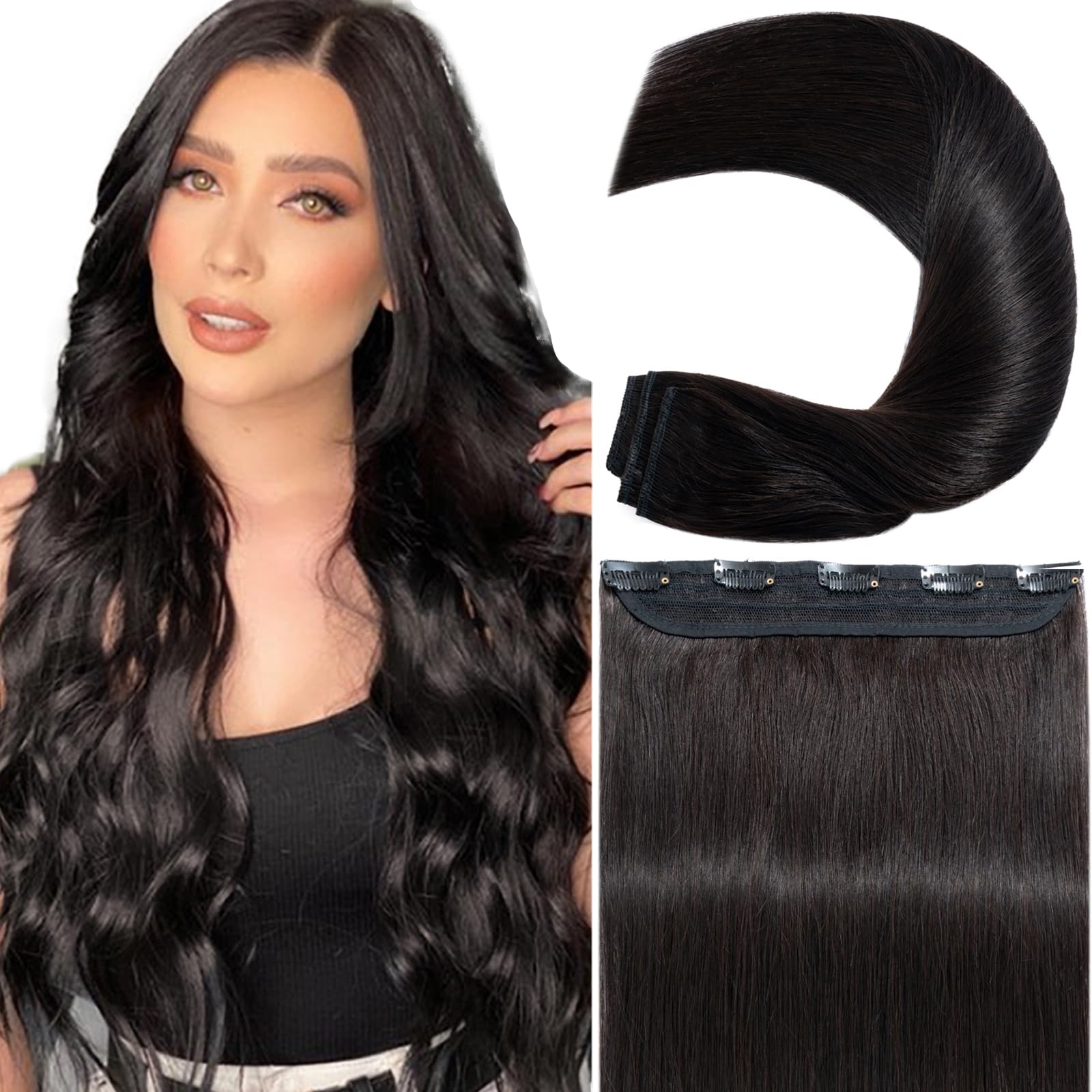 Clip in Remy Human Hair Extensions One Piece 5 clips 100% Remy Human Hair Straight Soft Extensions 3/4 FULL HEAD-Thicker(18-90g,#1B Natural Black)