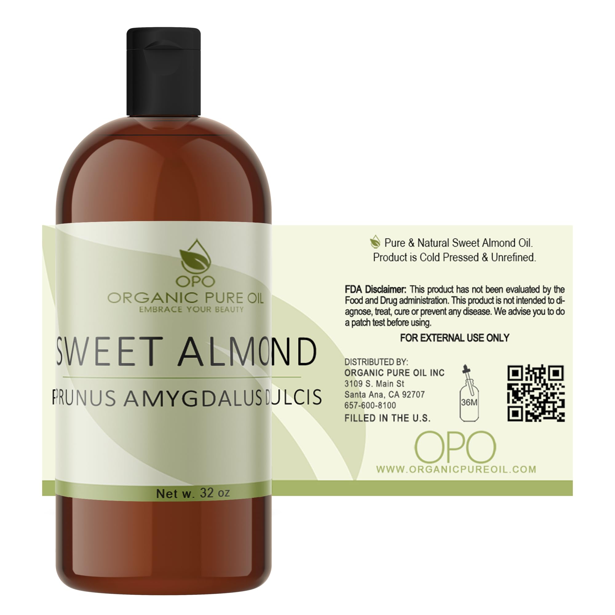 Sweet Almond - Pure & Cold Pressed, Non-GMO, Unrefined, Vegan, Extra Virgin Unrefined 32 OZ for Face Hair Skin Body Lips By Organic Pure Oil - Packaging May Vary