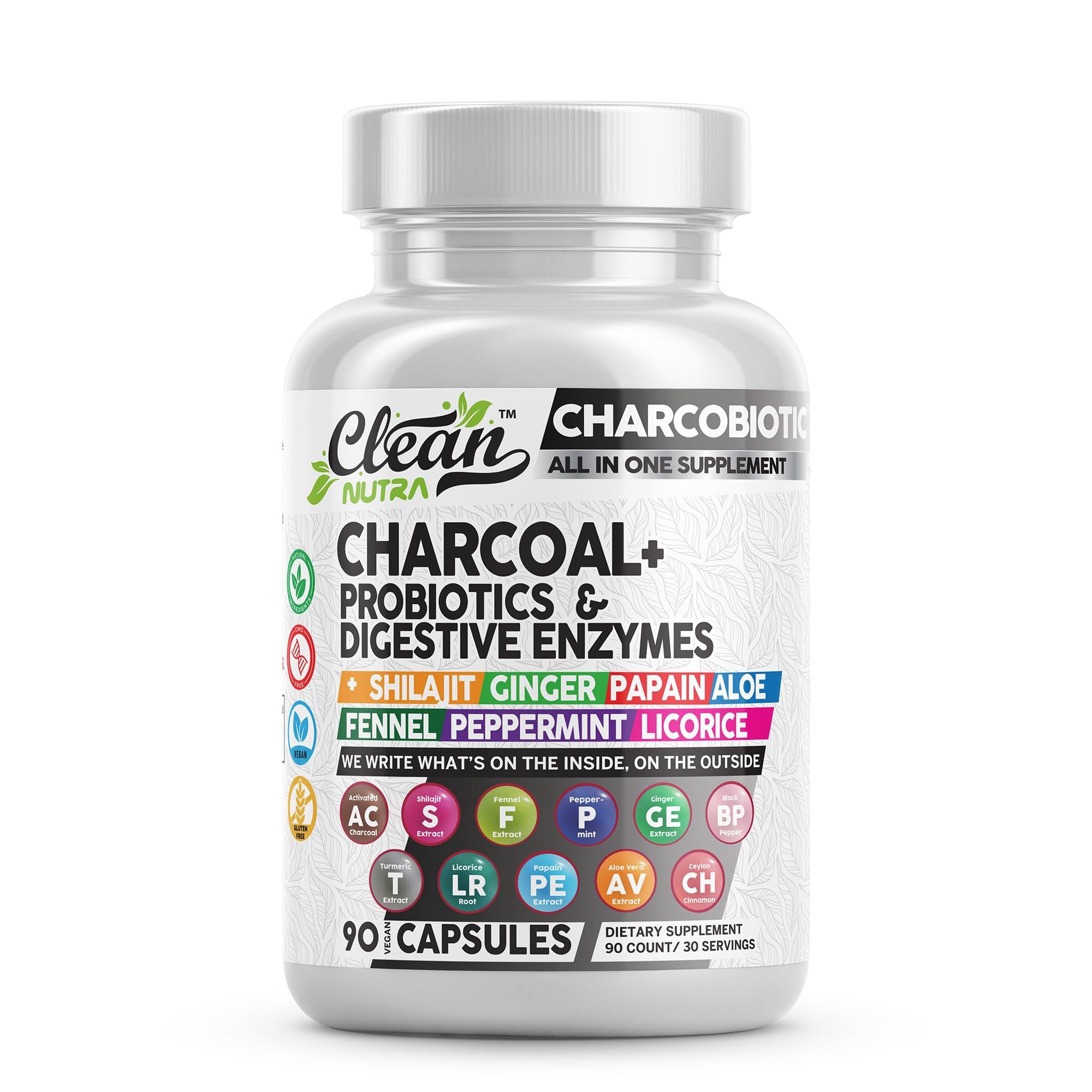 Clean Nutra Activated Charcoal Capsules Shilajit 5000mg Pills Probiotic 200 Billion + Digestive Enzymes for Digestive Health with Peppermint Fennel Licorice Papain Ginger Turmeric | Gut Health