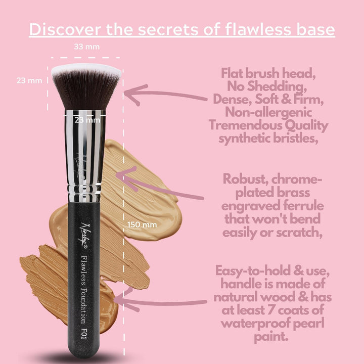 F02 Flat Top, Onyx Black : Nanshy Flat Fop Foundation Kabuki Makeup Brush - Flawless HD Application Blending of Liquid or Cream - Onyx Black