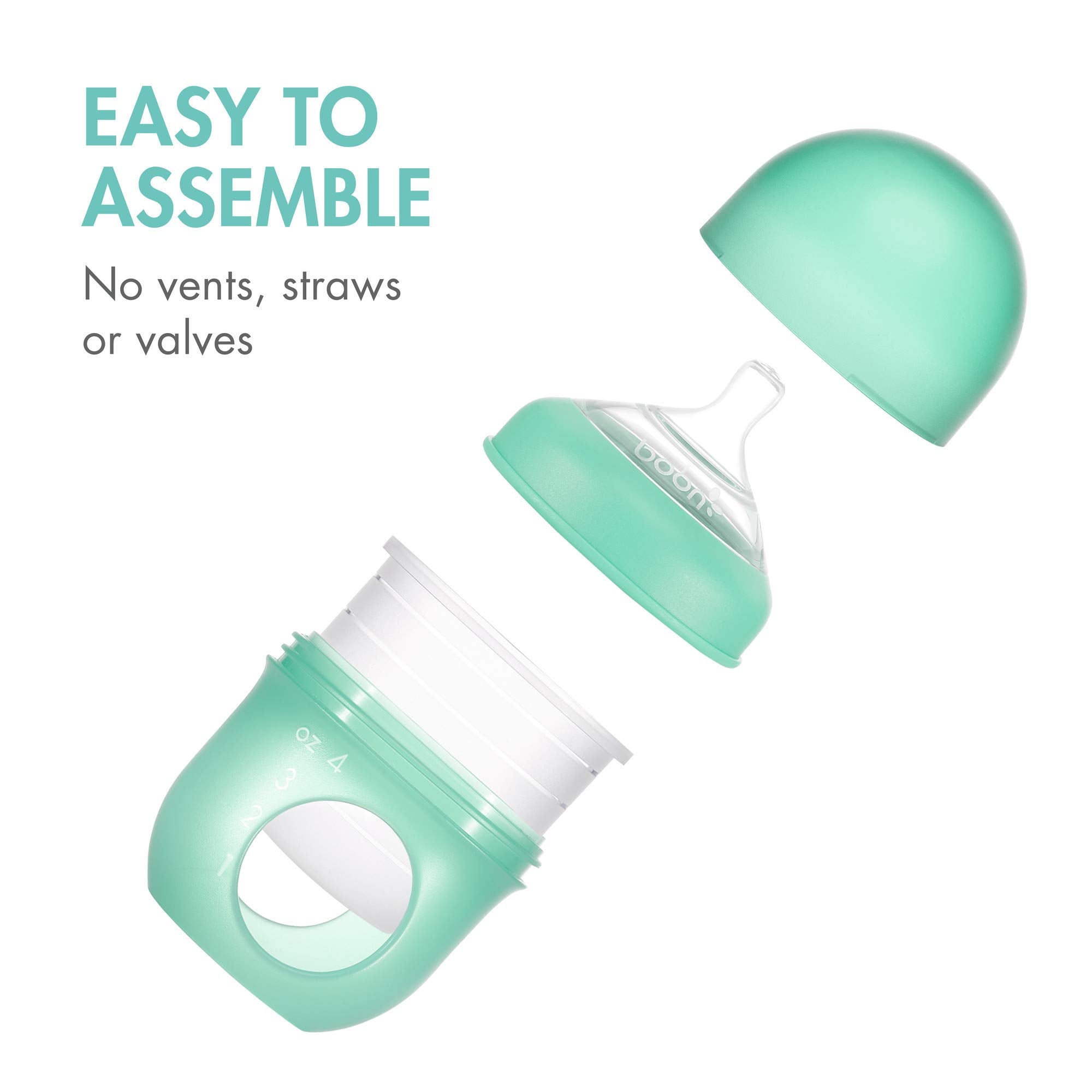 Boon Nursh Reusable Silicone Pouch Baby Bottles - Slow Flow Nipple - Silicone Baby Bottle Pouch and Nipple - Baby Feeding Essentials - Mint - 0-3 Months - 3 Count - 4 Ounce
