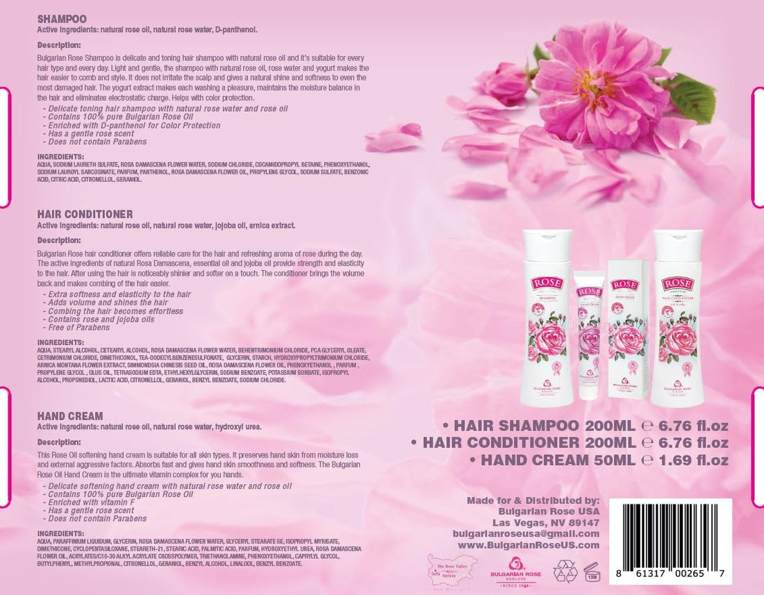 Rose Bulgarian Revitalizing Hair Care 3 Piece Gift Set - Natural Rose Shampoo, Hair Conditioner, Hand Cream