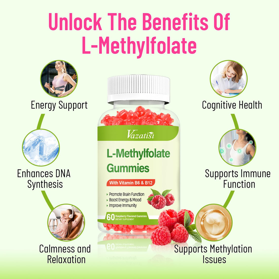 Vazatisi L-Methylfolate 15 mg Gummies with Methyl B12, Folate Supplement for Mood, Brain Health, Immune Support, Raspberry Flavor, 120 Count