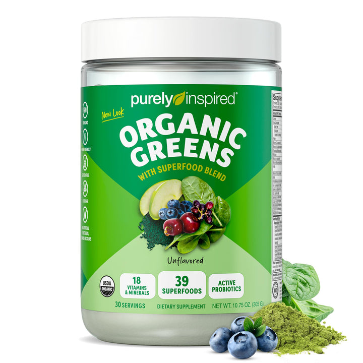 Purely Inspired Organic Greens Powder Superfood Smoothie Mix, Unflavored (30 Servings) - Super Greens with Probiotics, Spirulina & Chlorella for Gut & Digestive Health - Vegan & Gluten-Free