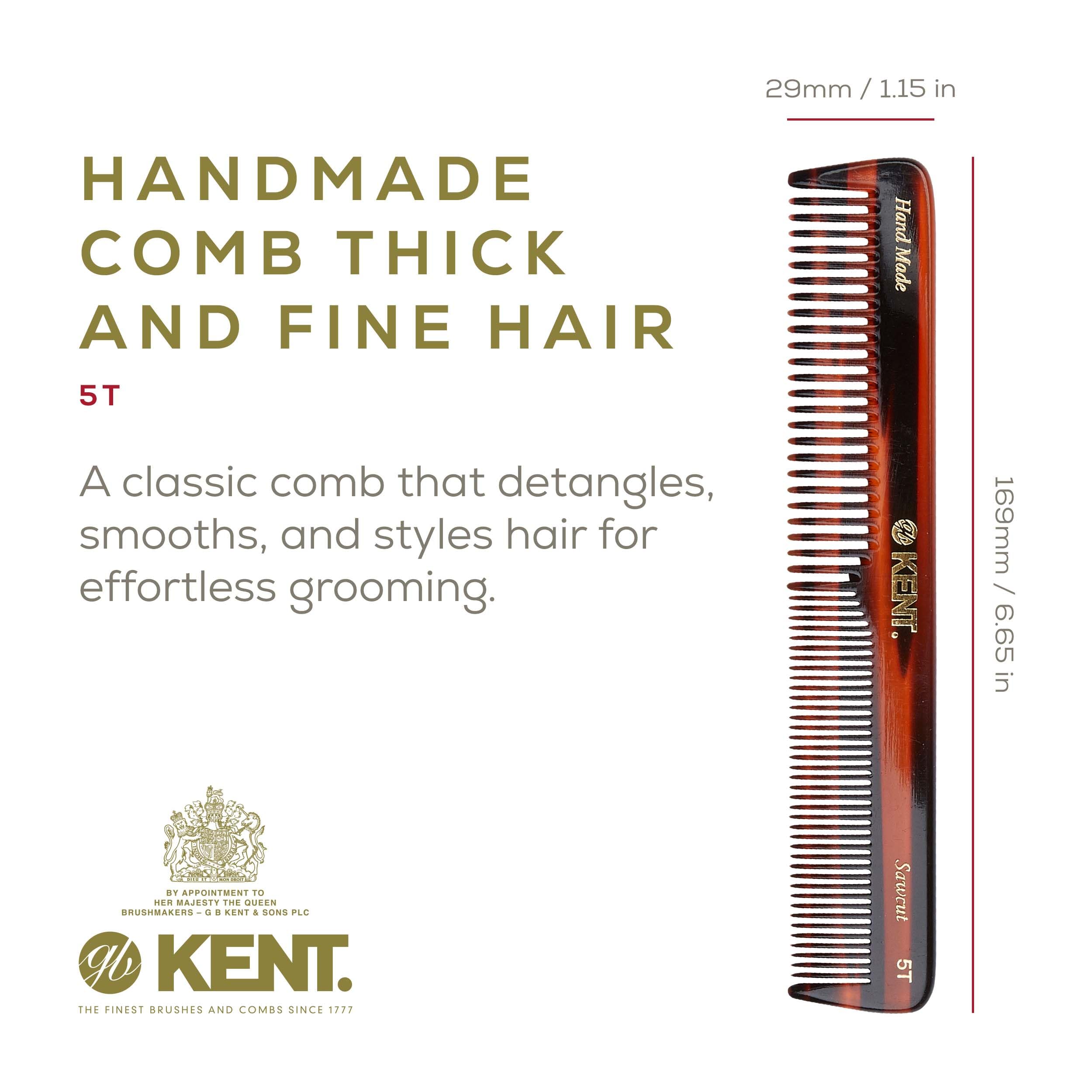 Kent 5T 6.5 175 mm The Hand Made Coarse/Fine Toothed Comb for Men. Sawcut (2 PACK)