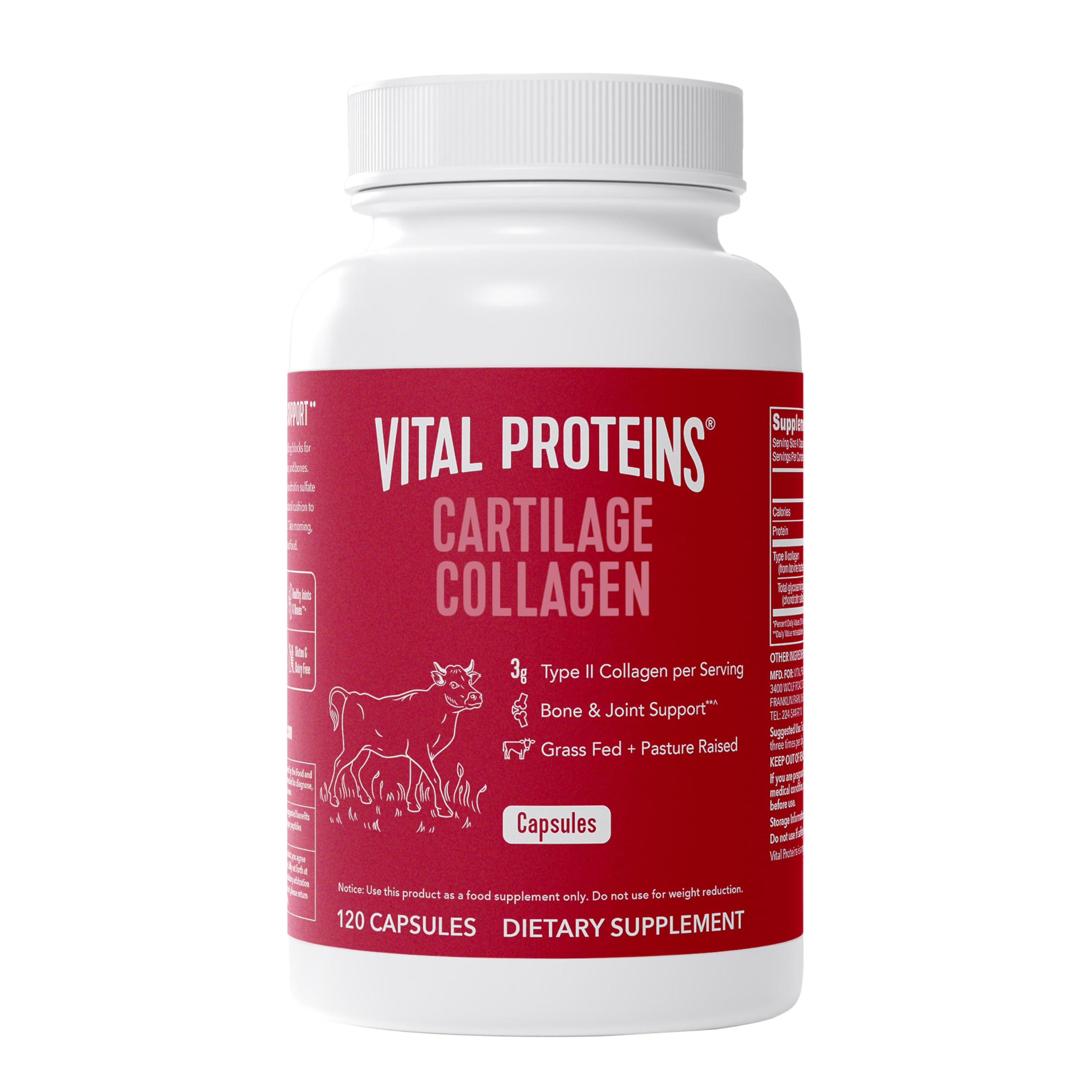 Vital Proteins Cartilage Collagen Pills, Type II Collagen & Chondroitin Sulfate Supplement for Recovery & Healthy Hair, Skin, Nails and Joints - 750 mg Serving with 120 Capsules