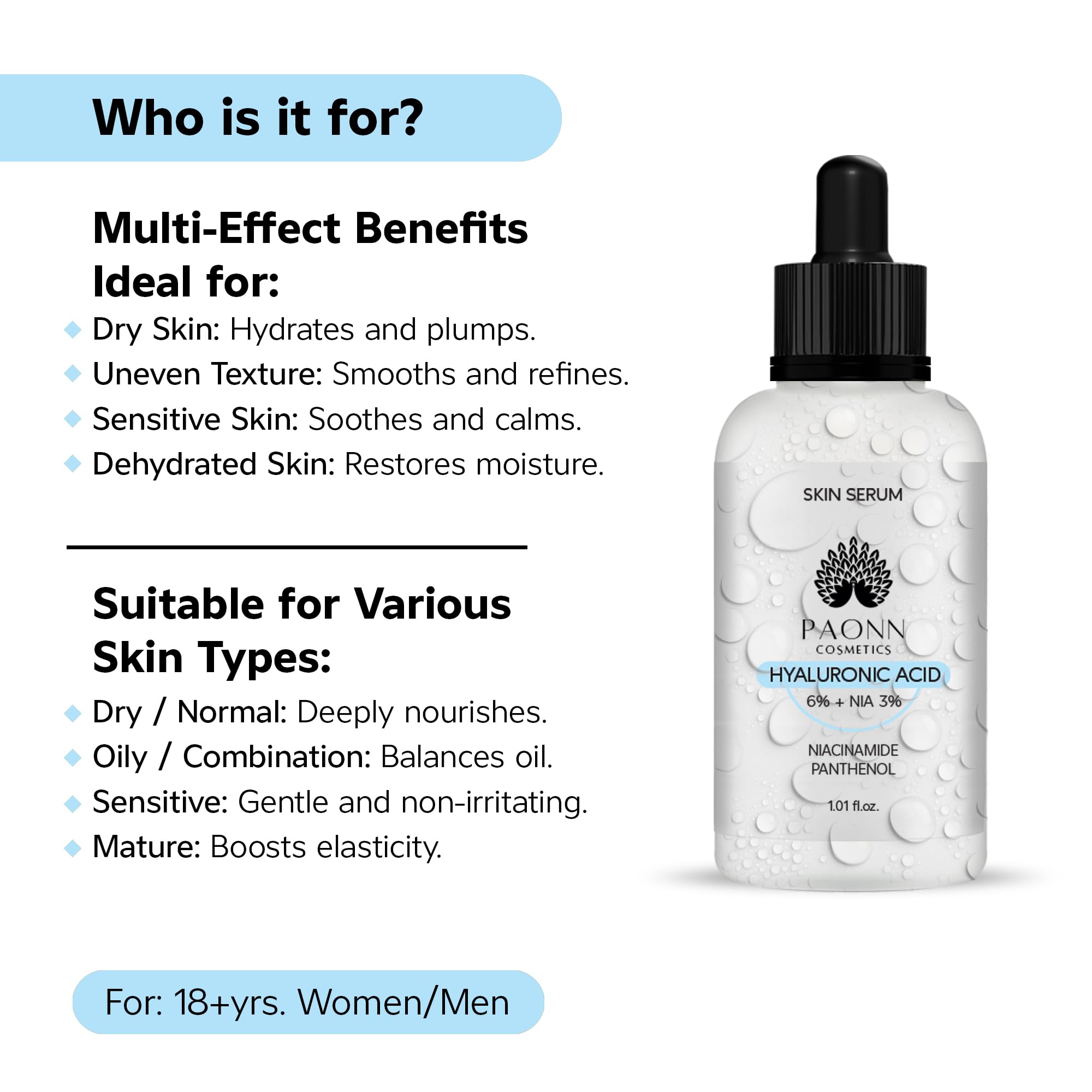 Hyaluronic Acid Serum for Face, Deep Hydration & Plumping, Lightweight, No Fragrance, Skin Smoothing, Moisture-Locking Effect