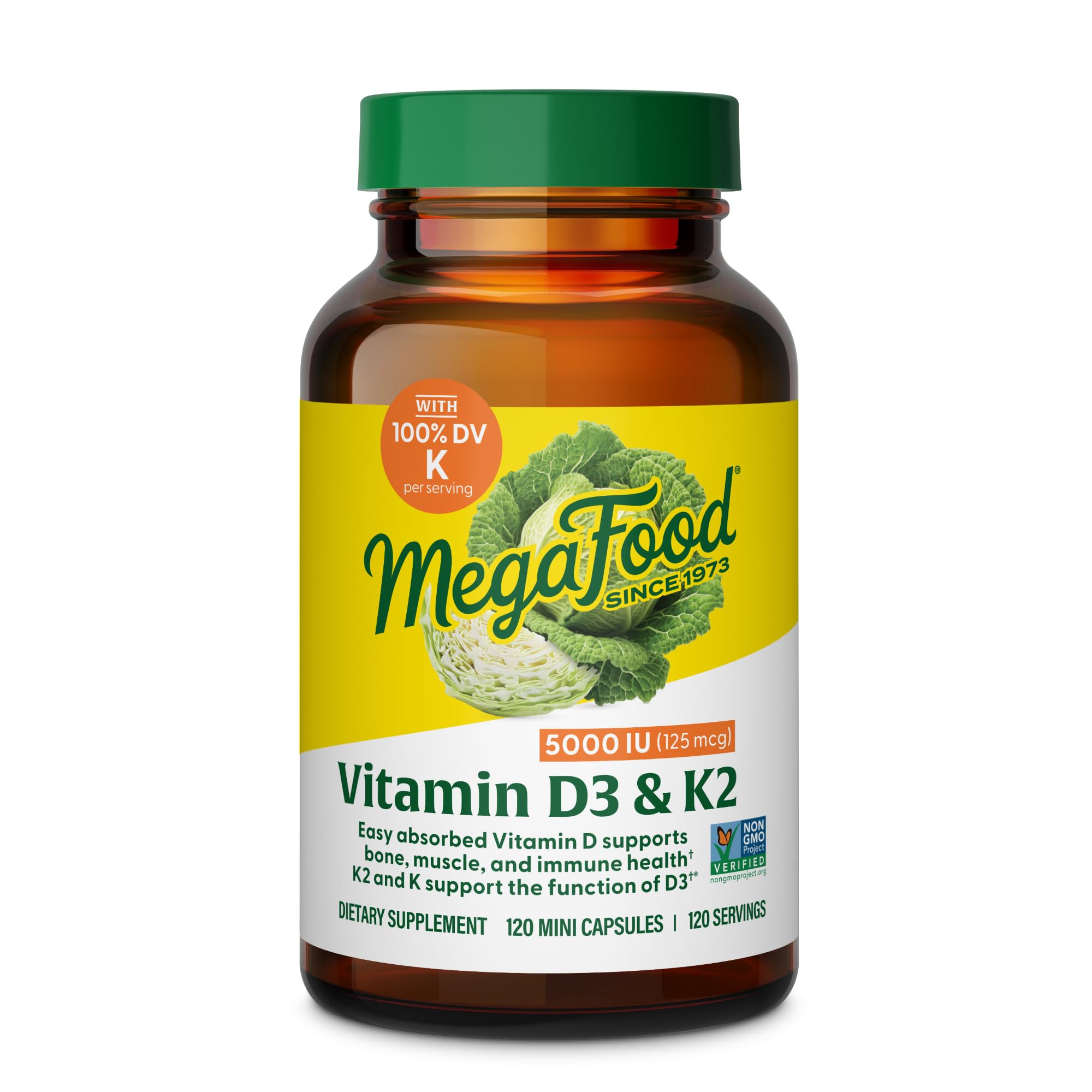 MegaFood Vitamin D3 5000 IU (125 mcg) - VegetarianVitamin D Supplements with Vitamin D3 K2, Supports Bones, Teeth, Muscles & Immune Health, Certified Non-GMO - 120 Mini Capsules, 120 Servings