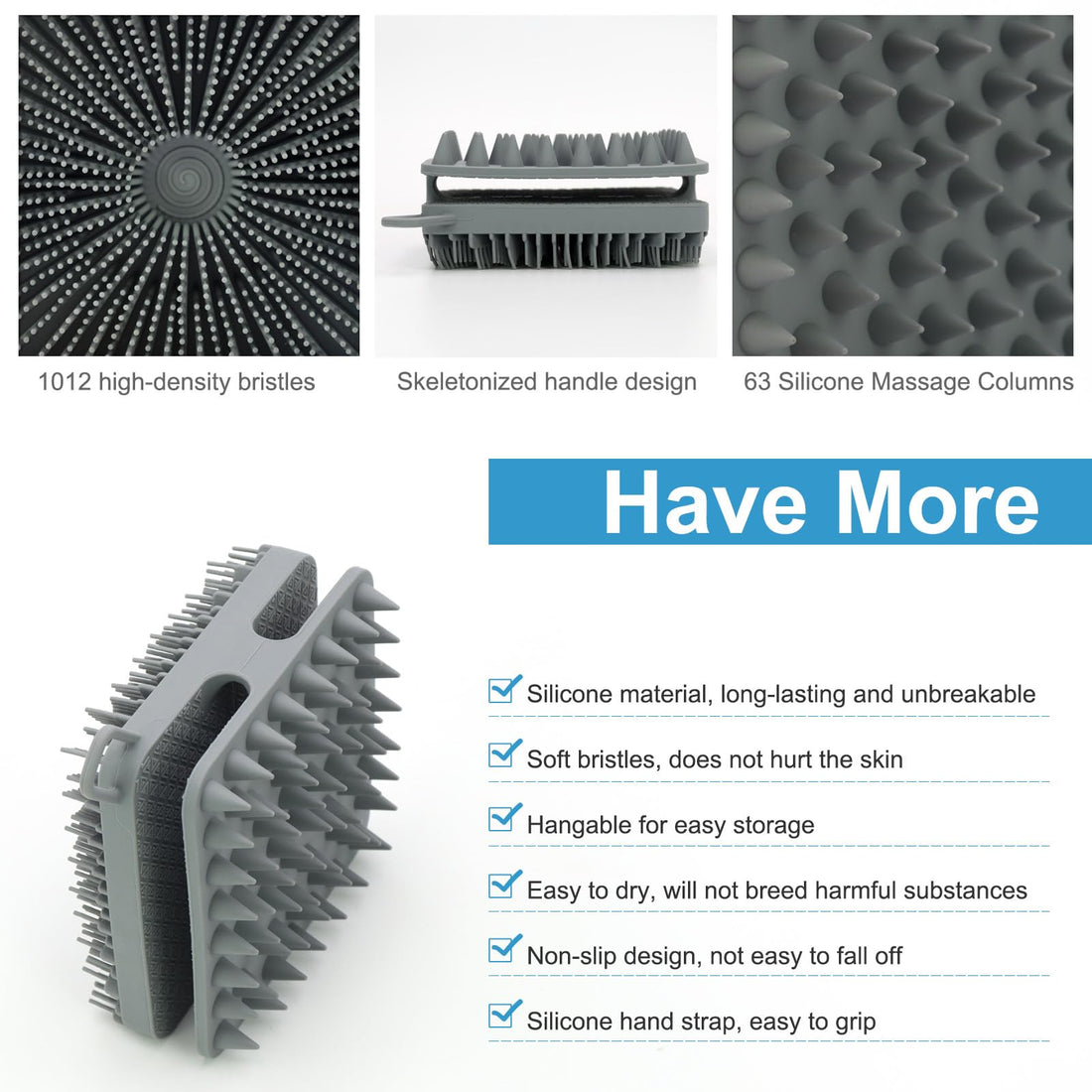 WETANG Silicone Body Scrubber Men, Dual-Sided Design Exfoliating Body Brush Buffer Scrubber and Scalp Massager, Shower Scrubber for Body, Silicone Loofah, Ergonomic No-Slip, Easy to Clean (Grey)