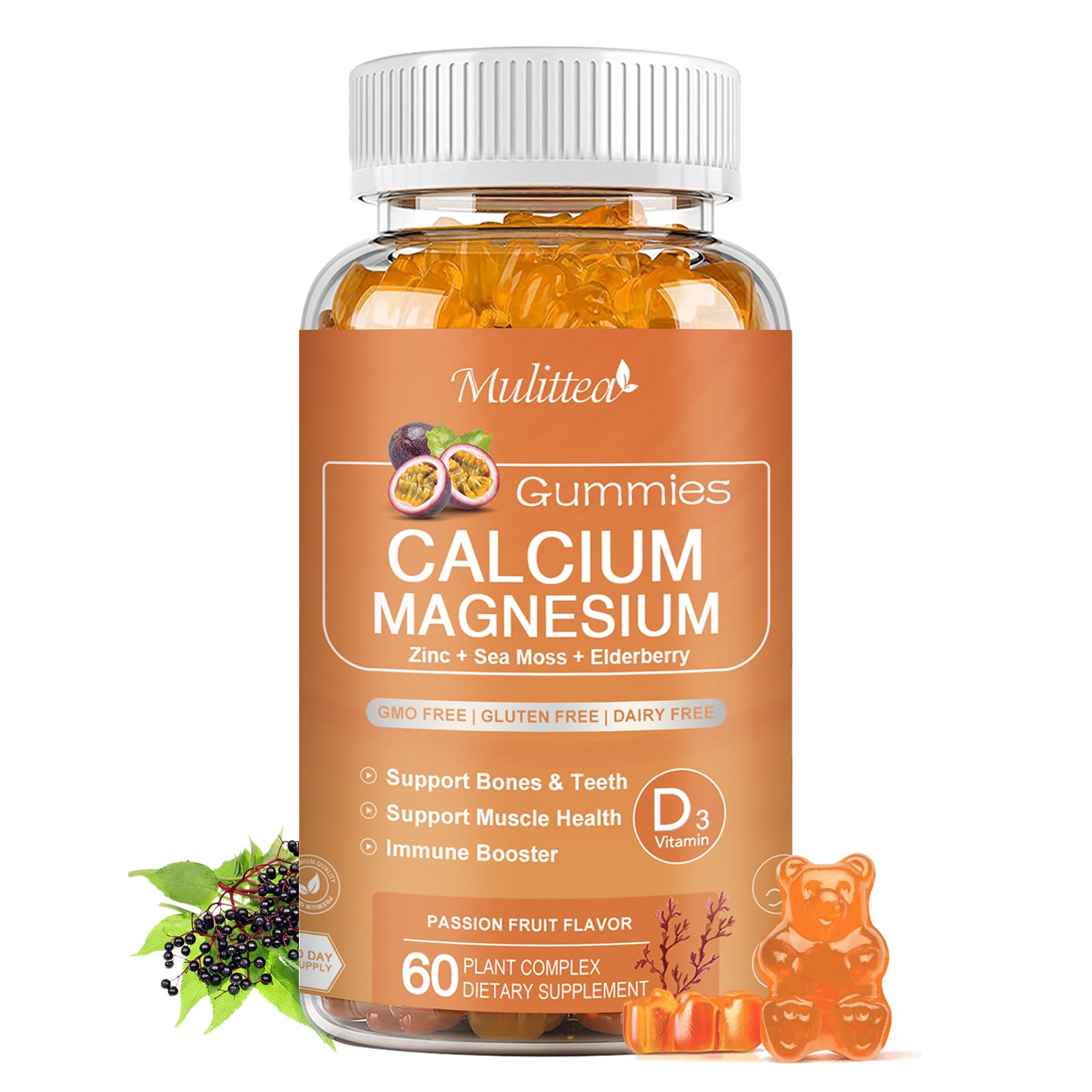 Calcium Gummies with D3,Zinc - Plant Complex Calcium Magnesium Supplement with Glycinate,Potassium,Vitamin C &Whole Natural Food for Bone & Immune Support- Chewable Gummy Sugar-Free -(1pack)