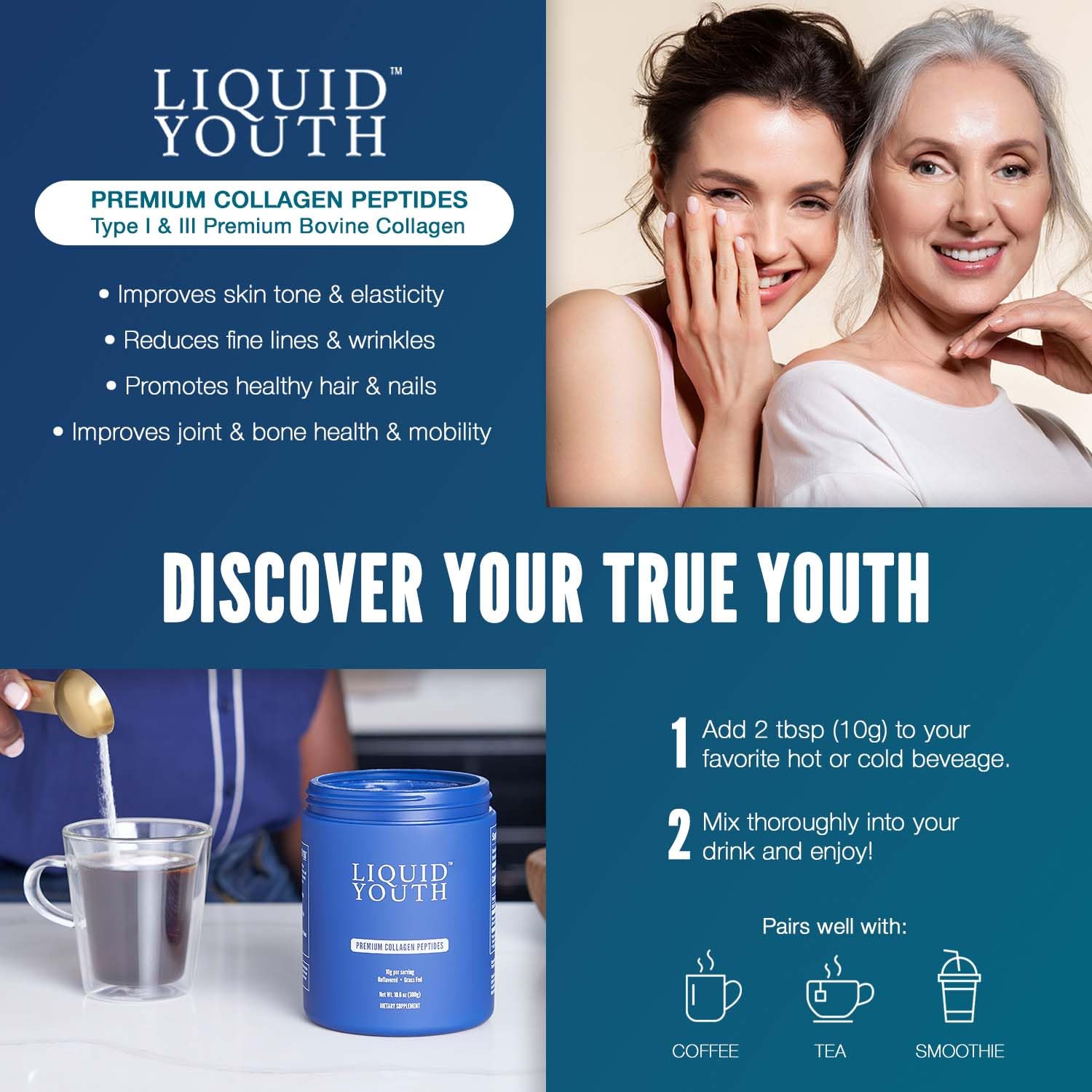 LIQUID YOUTH Collagen Peptides Powder for Women & Men - Type I & III Premium Grass-fed Bovine, Hydrolyzed Collagen, Promotes Hair Growth, Skin, Nail, Bone & Joint Health - Unflavored, 30 Servings
