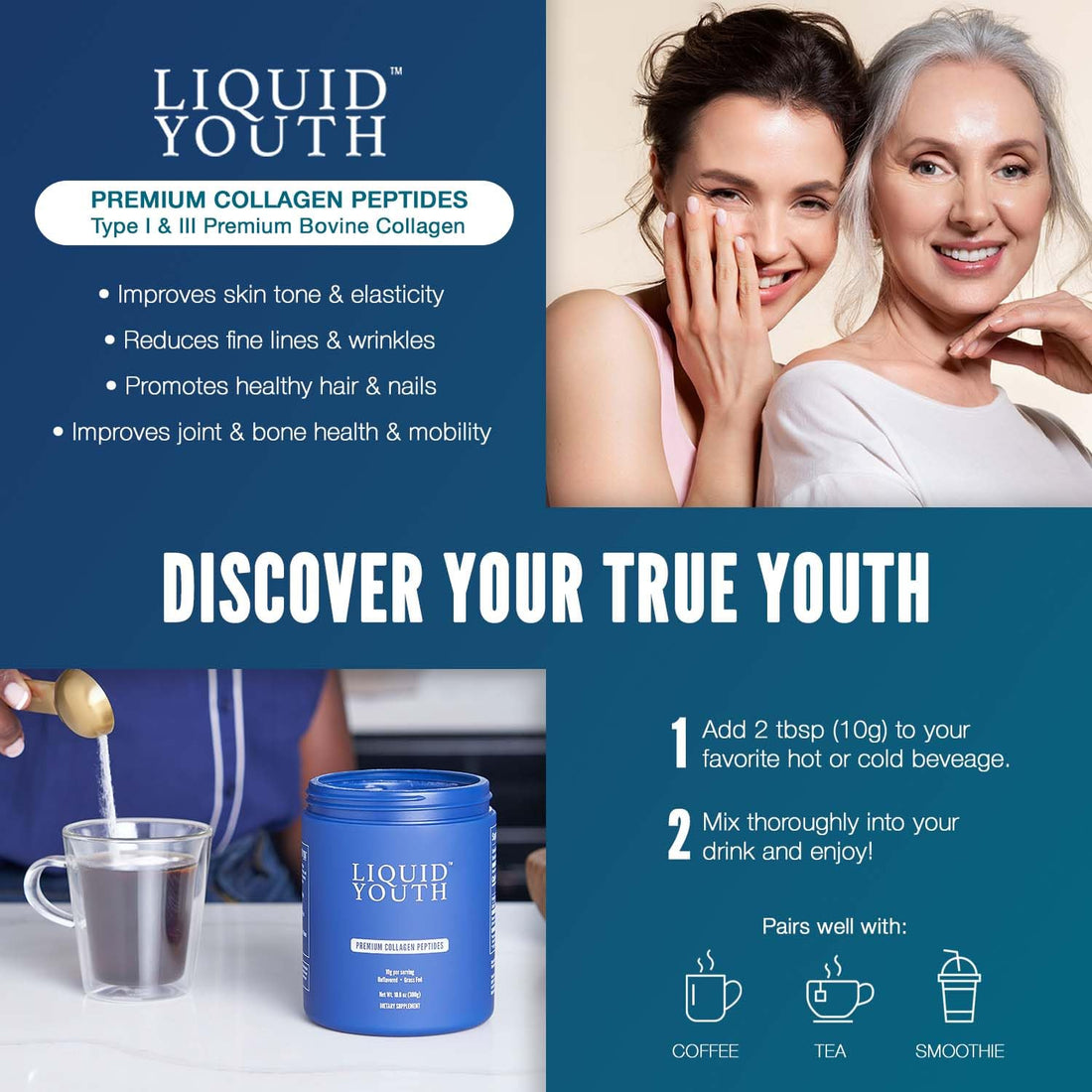 LIQUID YOUTH Collagen Peptides Powder for Women & Men - Type I & III Premium Grass-fed Bovine, Hydrolyzed Collagen, Promotes Hair Growth, Skin, Nail, Bone & Joint Health - Unflavored, 30 Servings