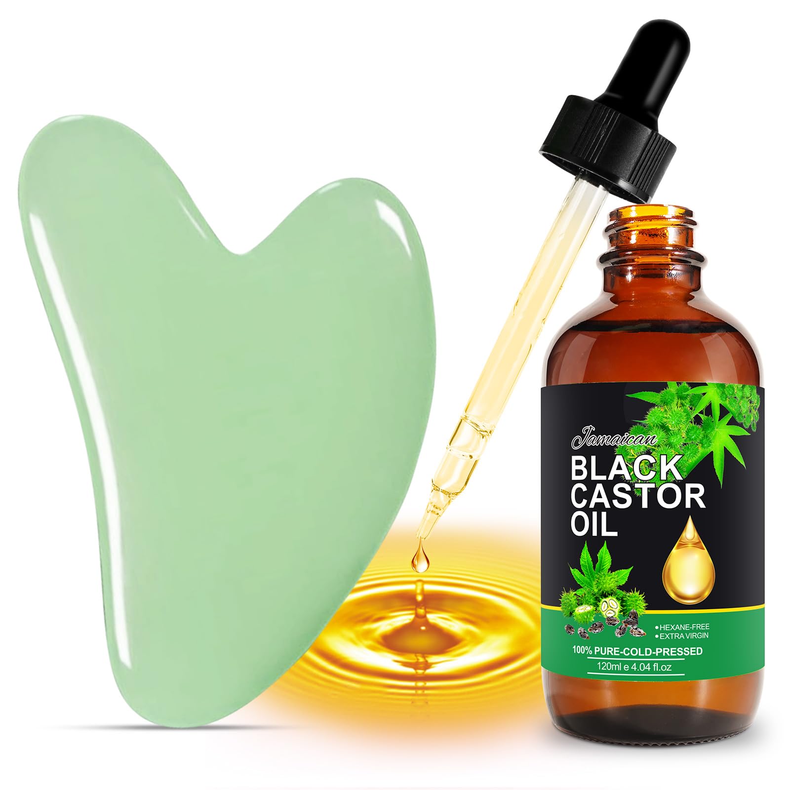 Organic Jamaican Black Castor Oil for Body with Natural Jade Stone Green Guasha Tool, 2.02 fl oz 100% Pure Cold Pressed Unrefined Massage Oil + Gua Sha Scraping Massage Tool,Skin-Care Gift