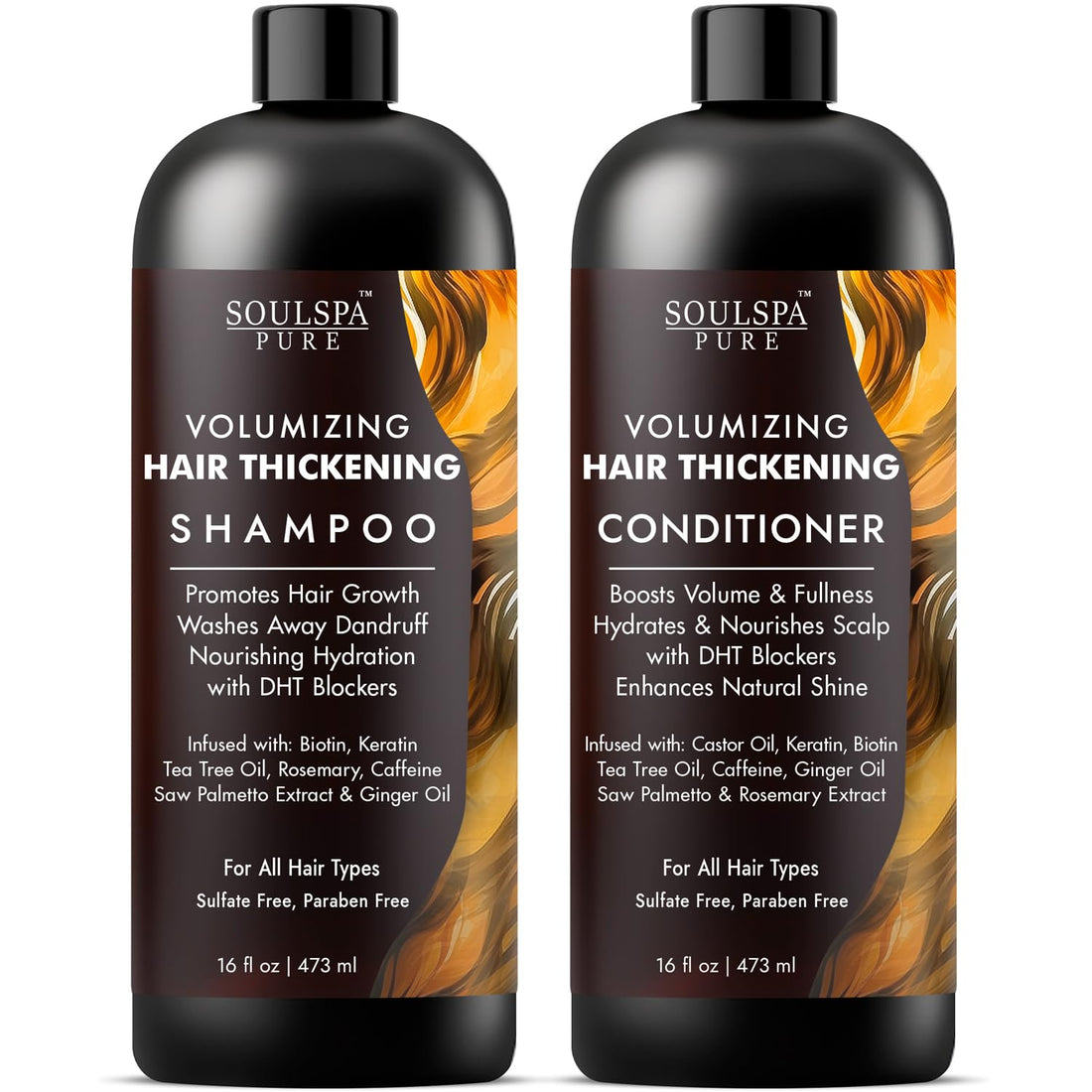 SOULSPA PURE Hair Thickening Shampoo and Conditioner Set - Volumizing & Growth Support with DHT Blockers, Biotin, Keratin, Tea Tree Oil, Caffeine, Saw Palmetto Extract - Men & Women - 16 fl oz Each