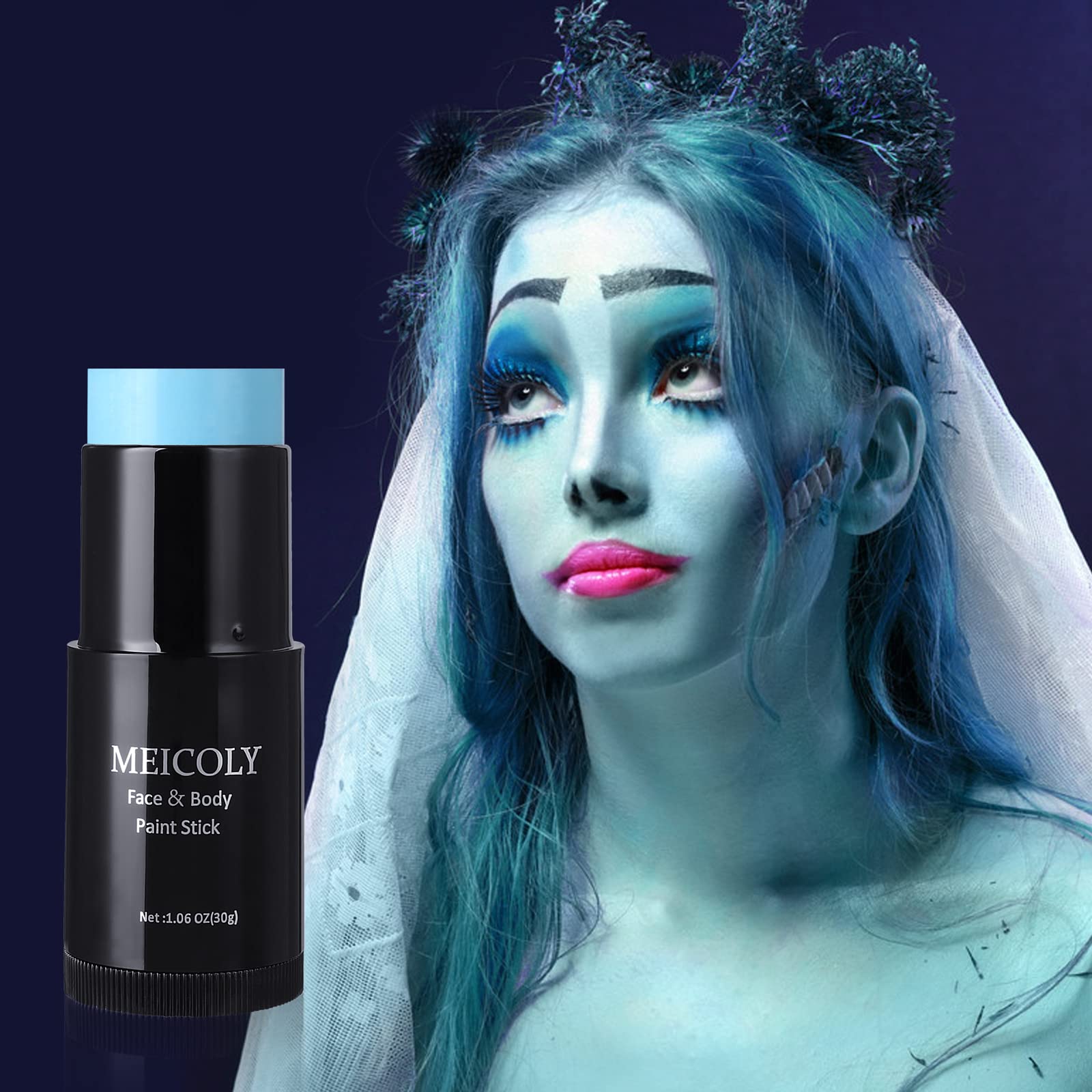 MEICOLY Light Blue Face Body Paint Stick(1.06 Oz),Baby Blue Face Paint Sadness,Sweatproof Waterproof Pale Blue Body Paint for Corpse Bride Halloween SFX Avatar Sally Makeup,Eye Black Stick